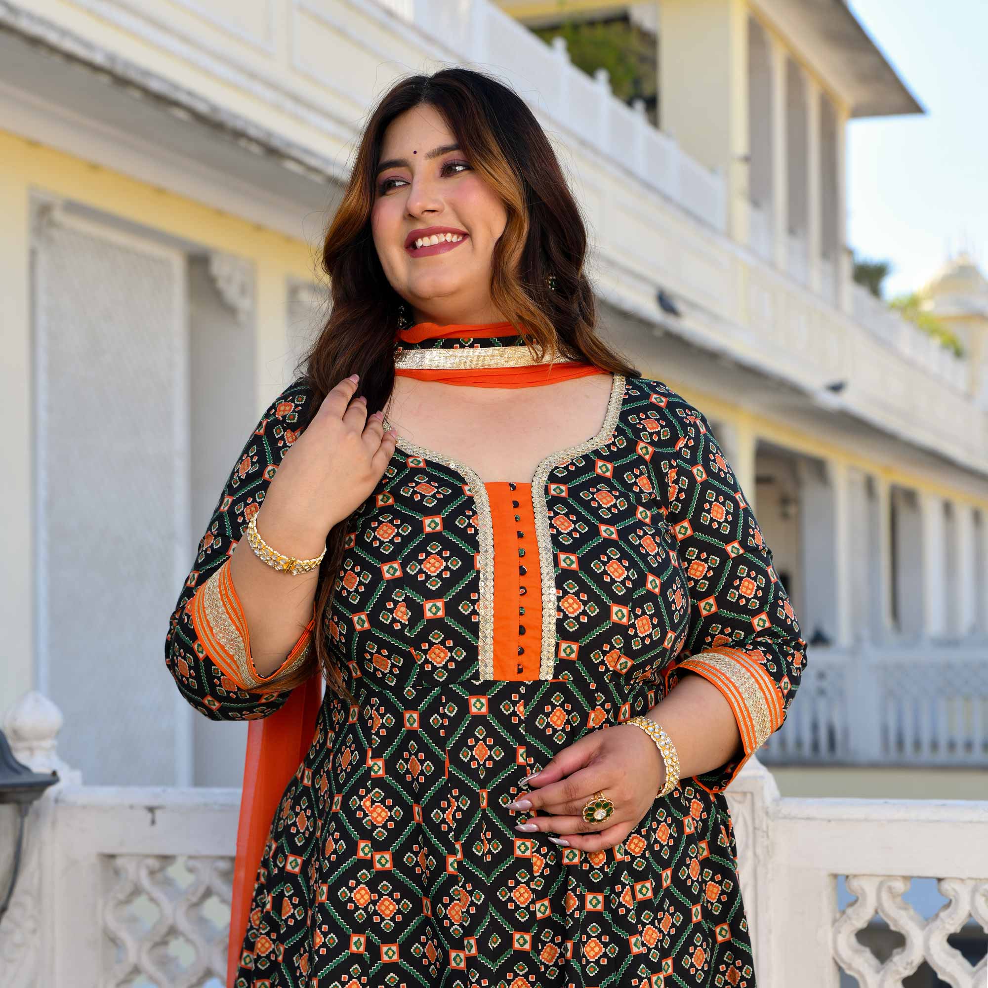 Madhuban- Patola Black with Orange Anarkali