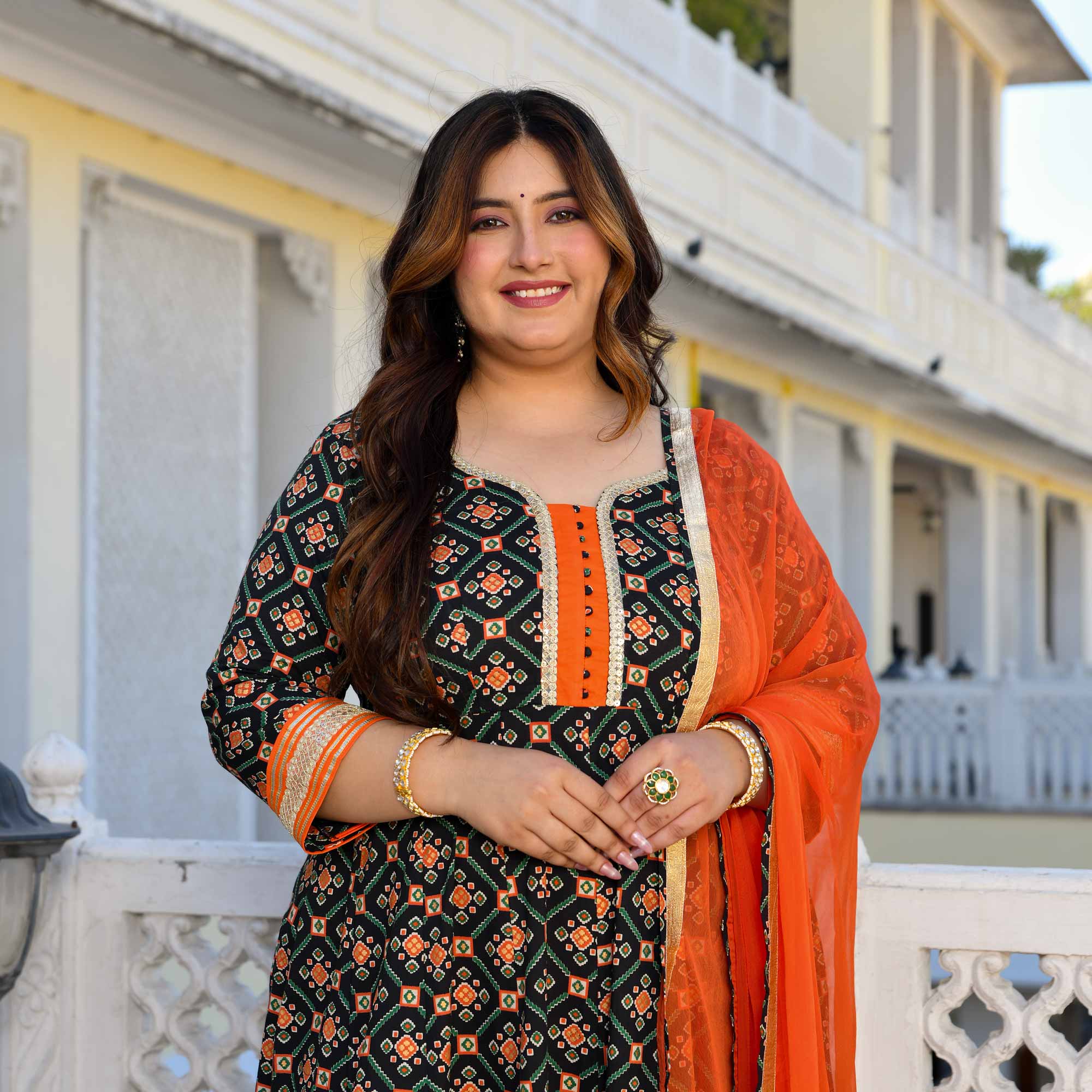 Madhuban- Patola Black with Orange Anarkali