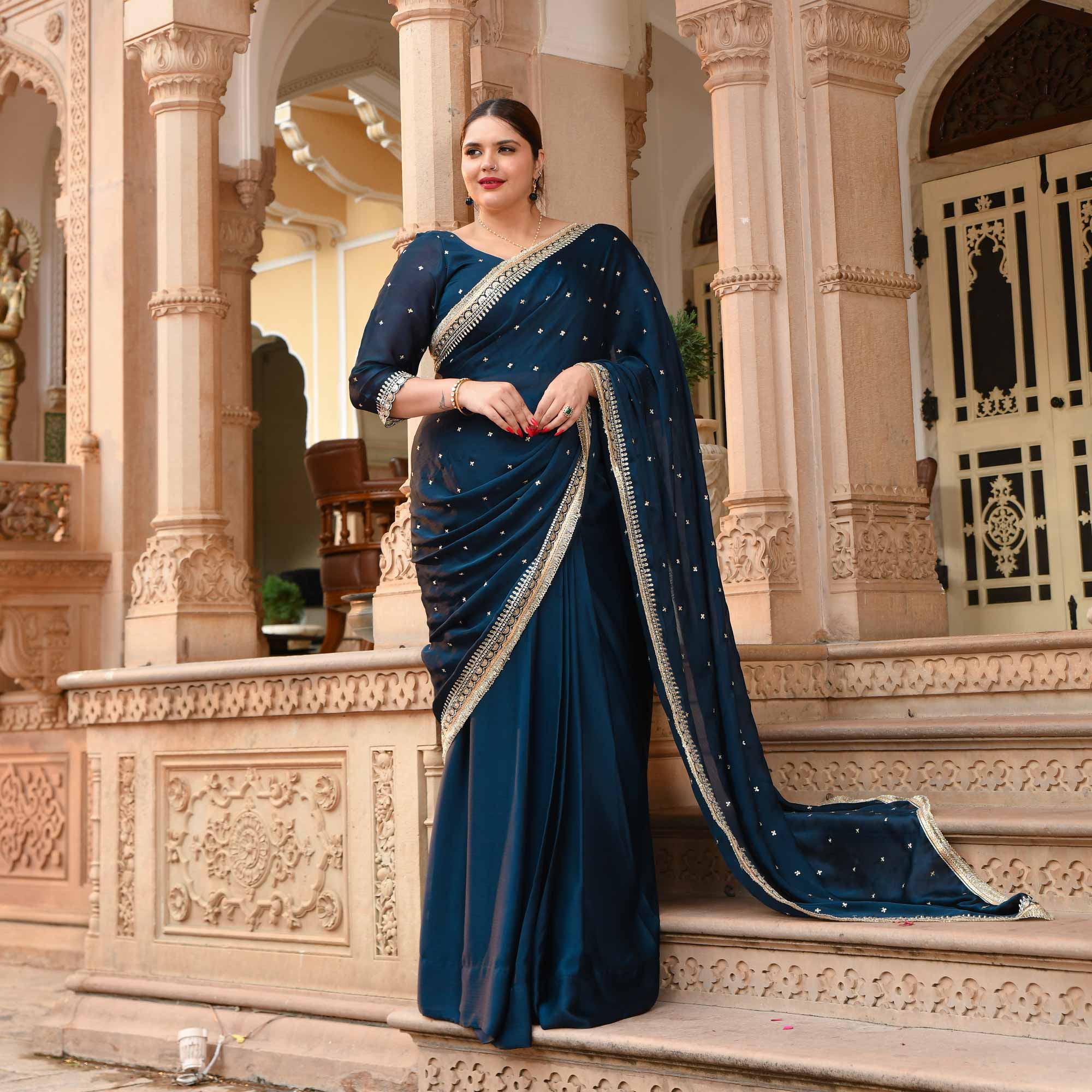 Evening Elegance Blue Sequin Embroidered Drape Saree