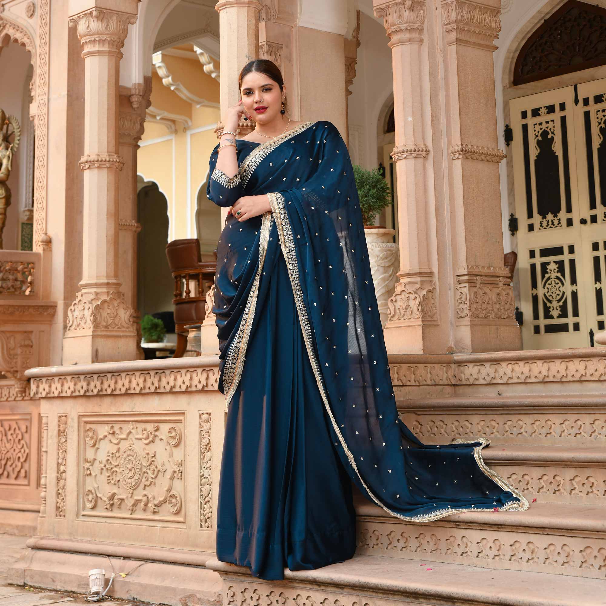 Evening Elegance Blue Sequin Embroidered Drape Saree