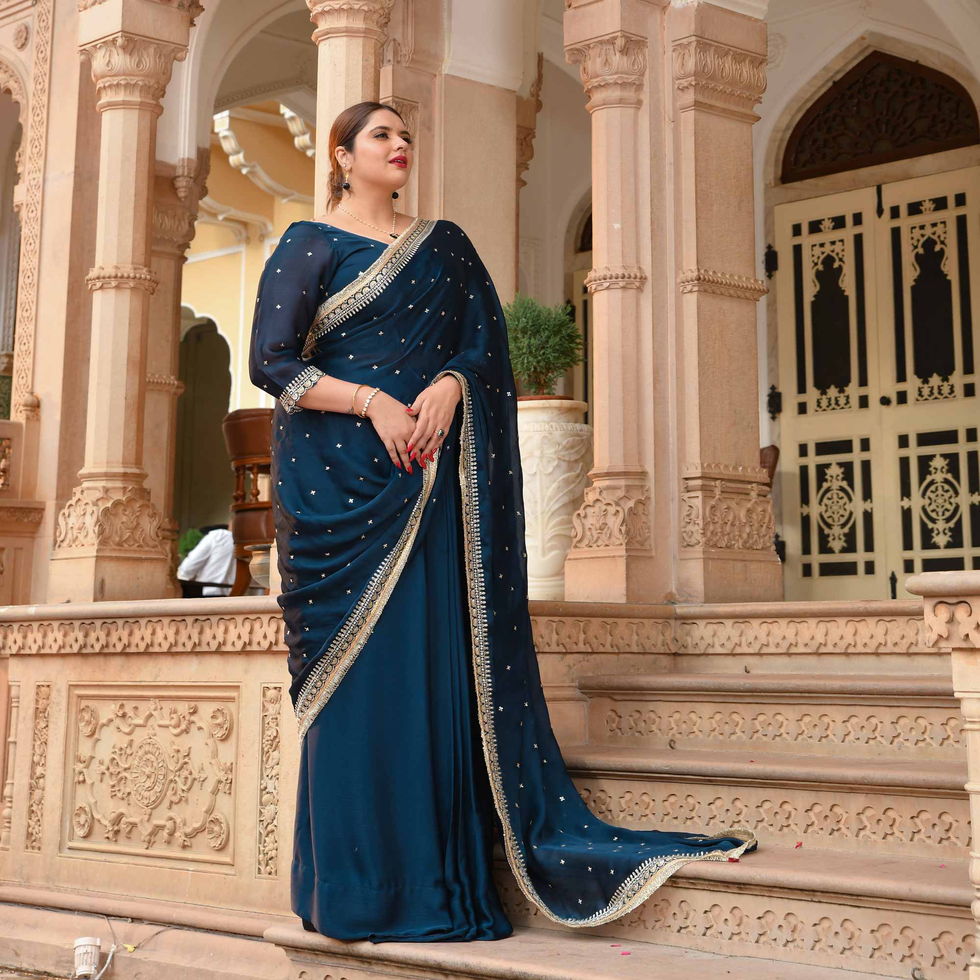 Evening Elegance Blue Sequin Embroidered Drape Saree