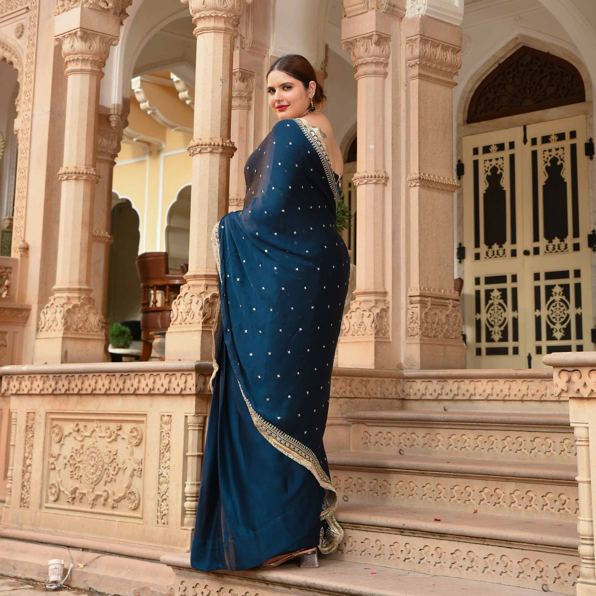 Evening Elegance Blue Sequin Embroidered Drape Saree