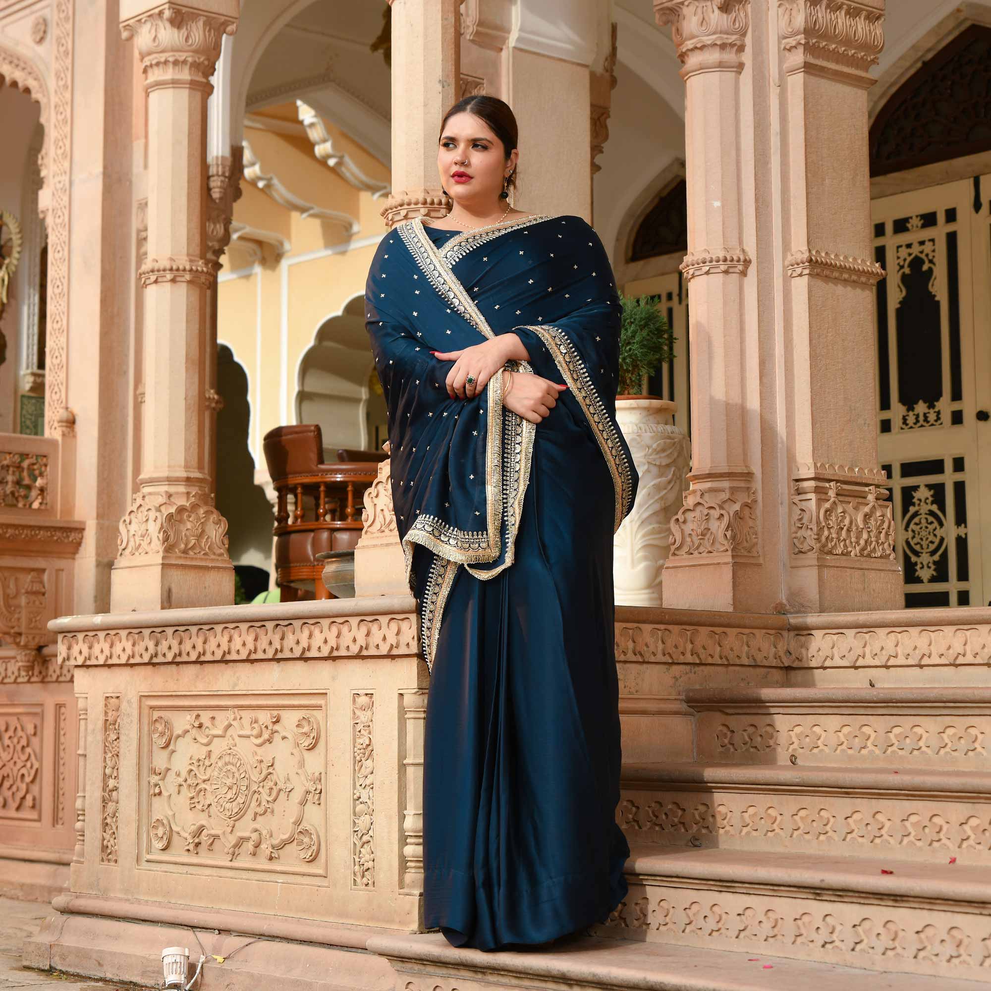 Evening Elegance Blue Sequin Embroidered Drape Saree