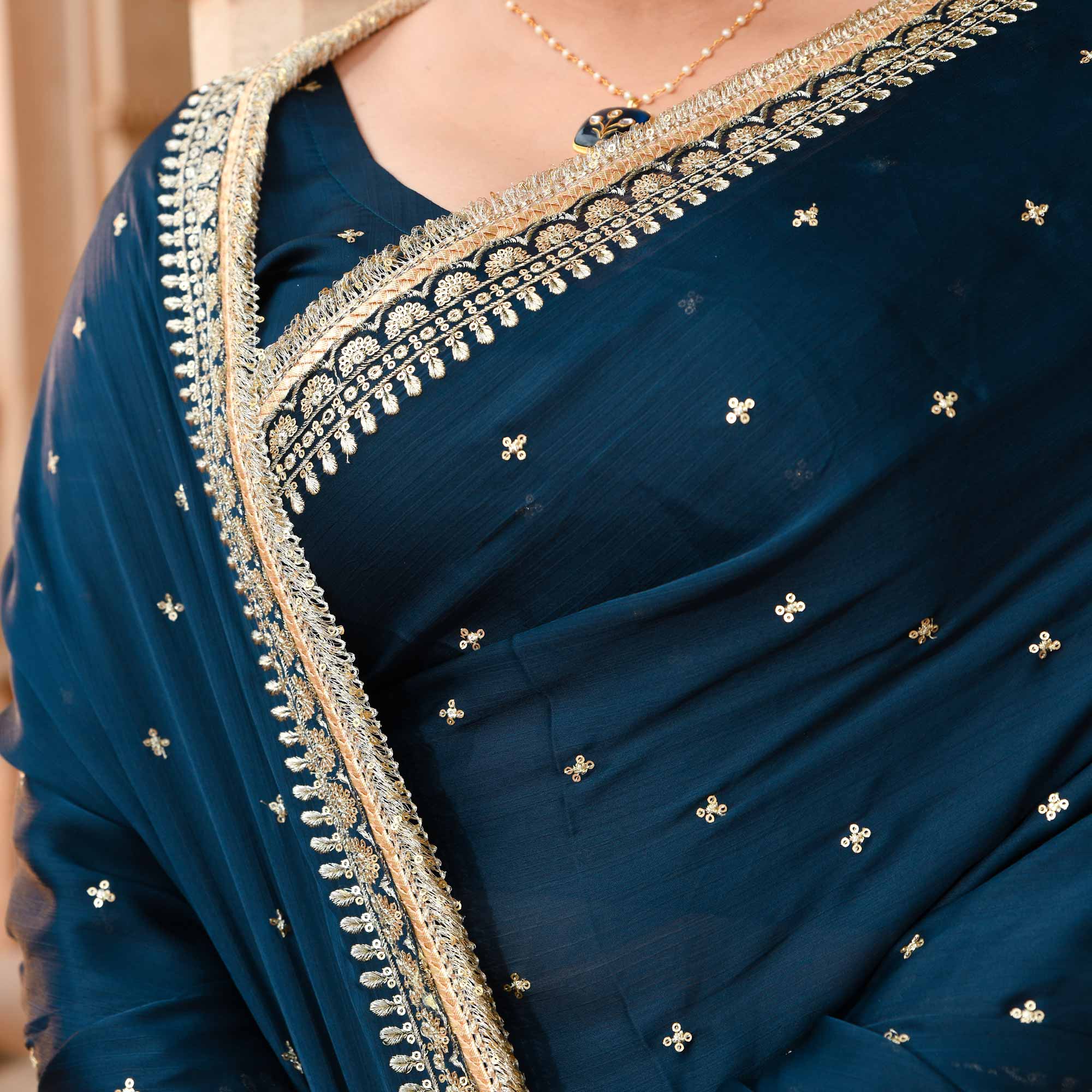 Evening Elegance Blue Sequin Embroidered Drape Saree