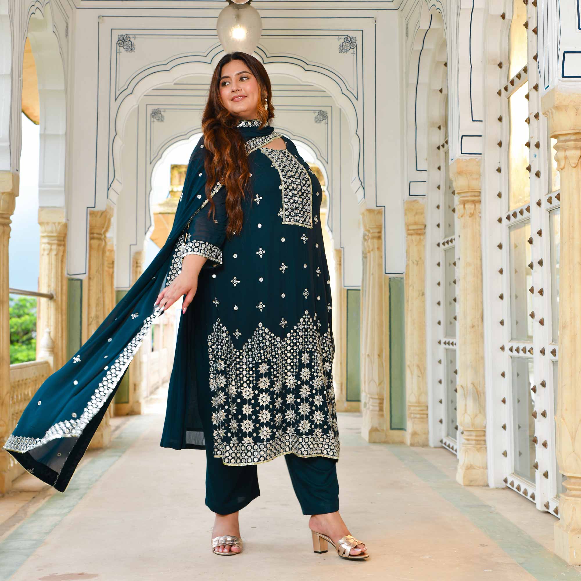 Steel Blue Mirror Embroidered Pure Georgette Suit Set