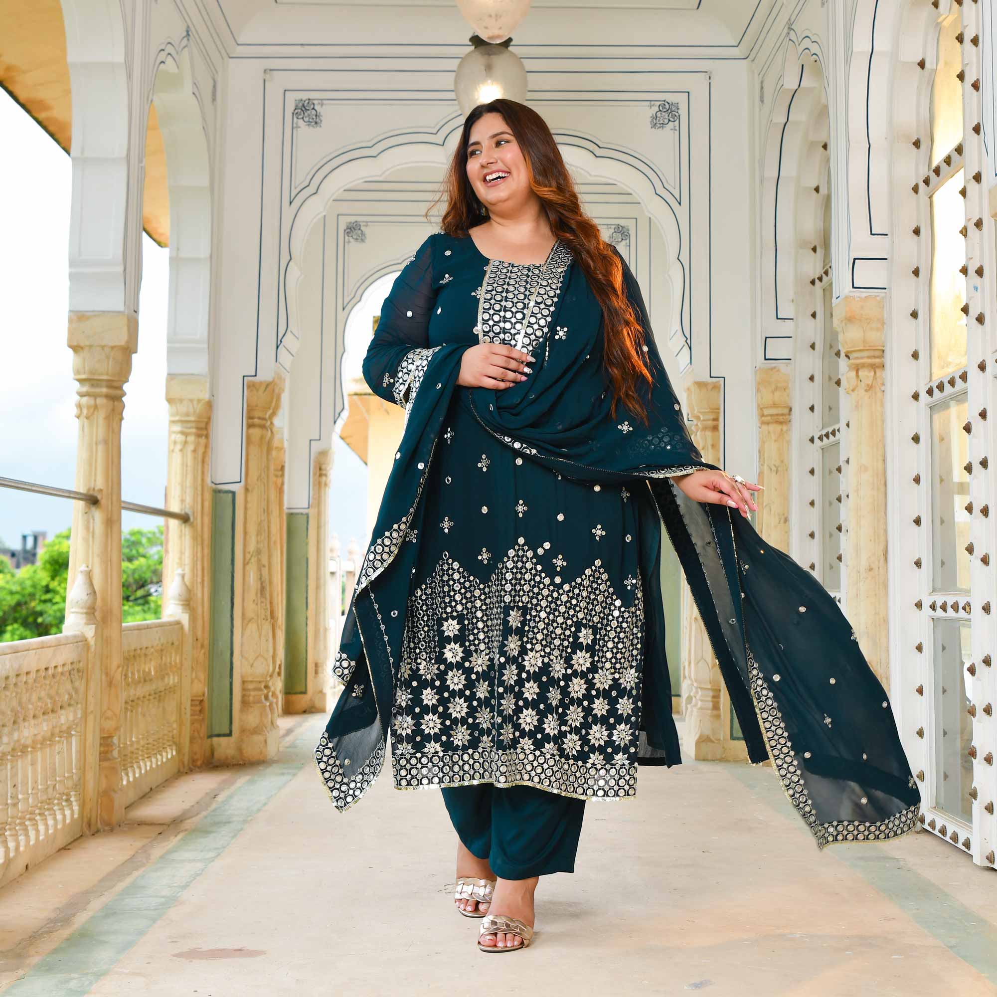 Steel Blue Mirror Embroidered Pure Georgette Suit Set