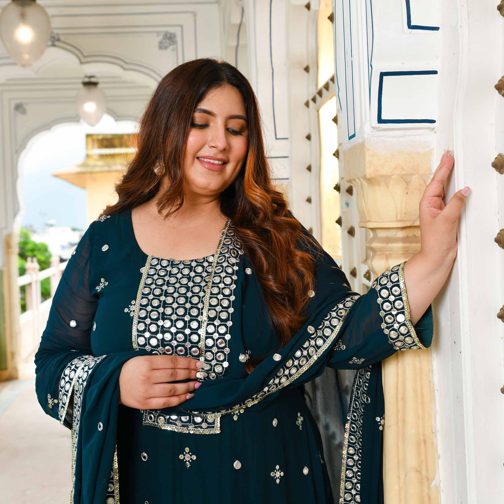 Steel Blue Mirror Embroidered Pure Georgette Suit Set