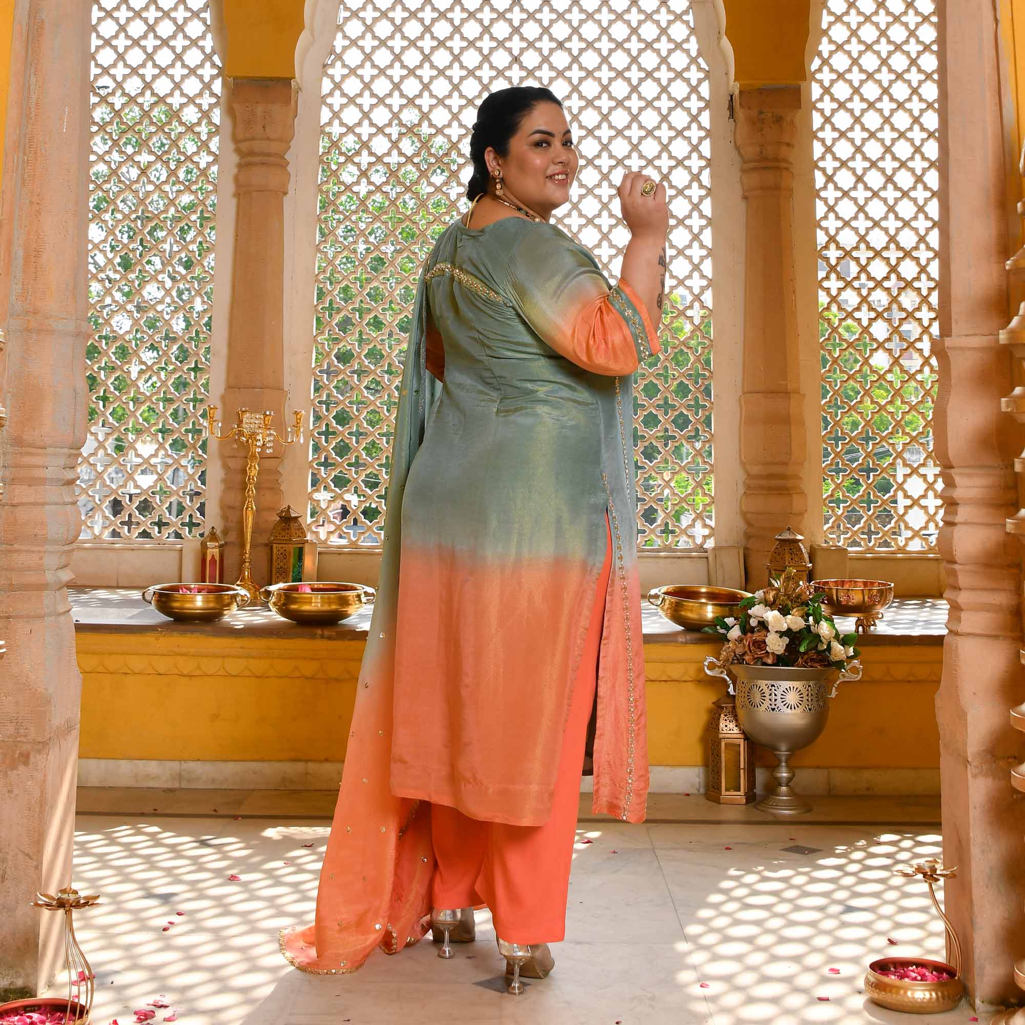 Zesty Mist - Peach & Aqua Pure Tissue Silk Cutdana Embroidered Suit Set