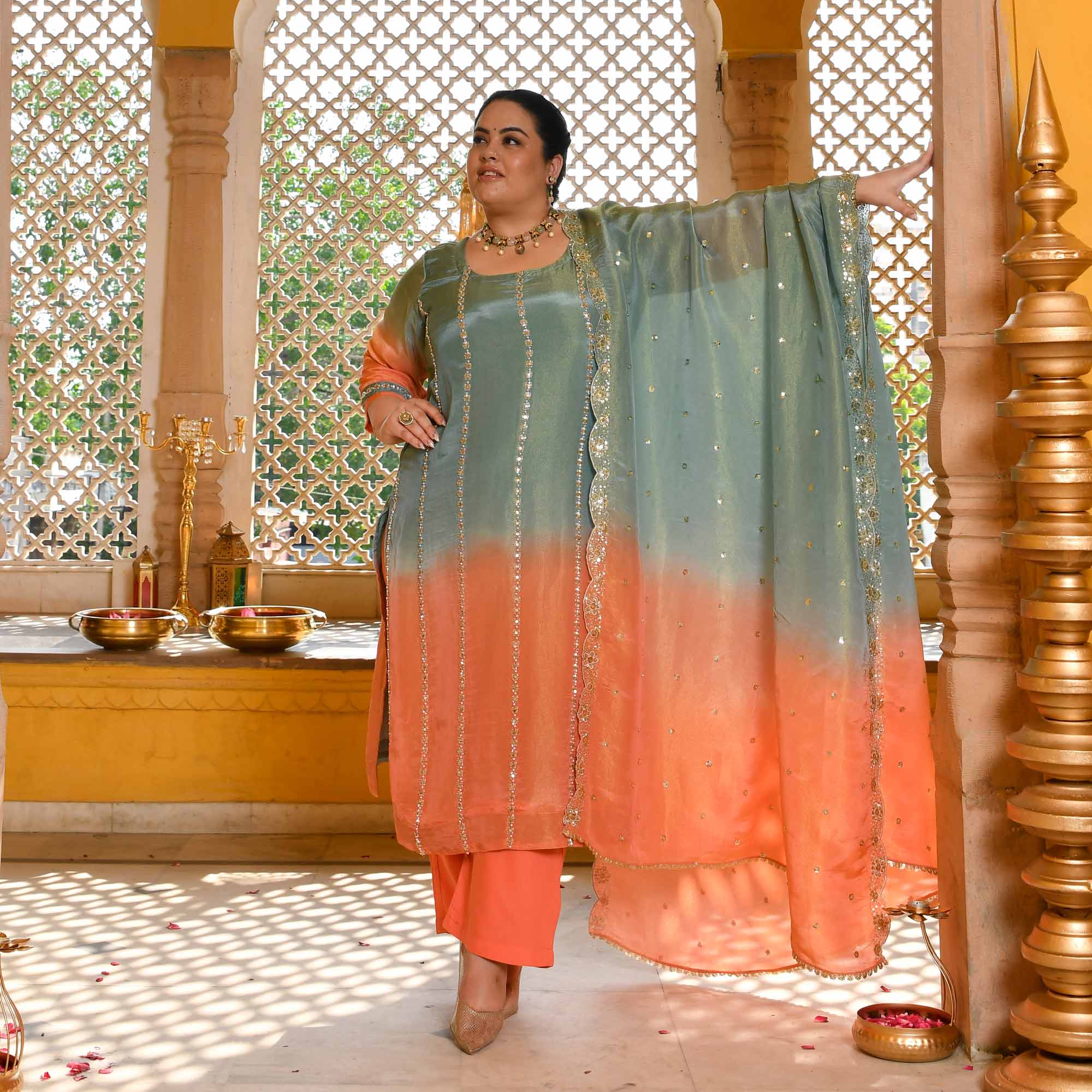 Zesty Mist - Peach & Aqua Pure Tissue Silk Cutdana Embroidered Suit Set