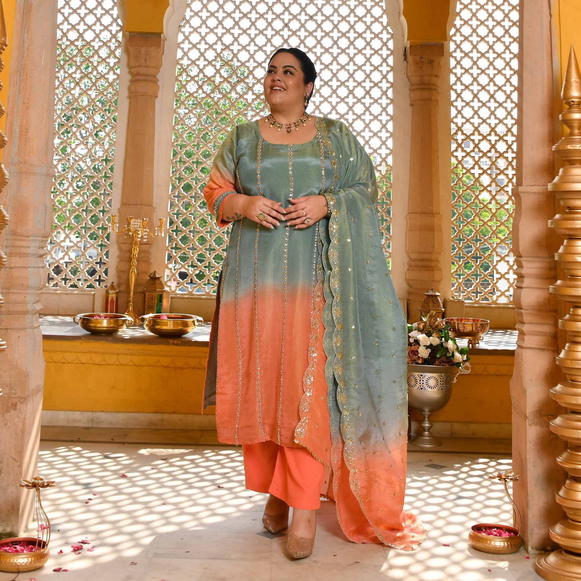 Zesty Mist - Peach & Aqua Pure Tissue Silk Cutdana Embroidered Suit Set