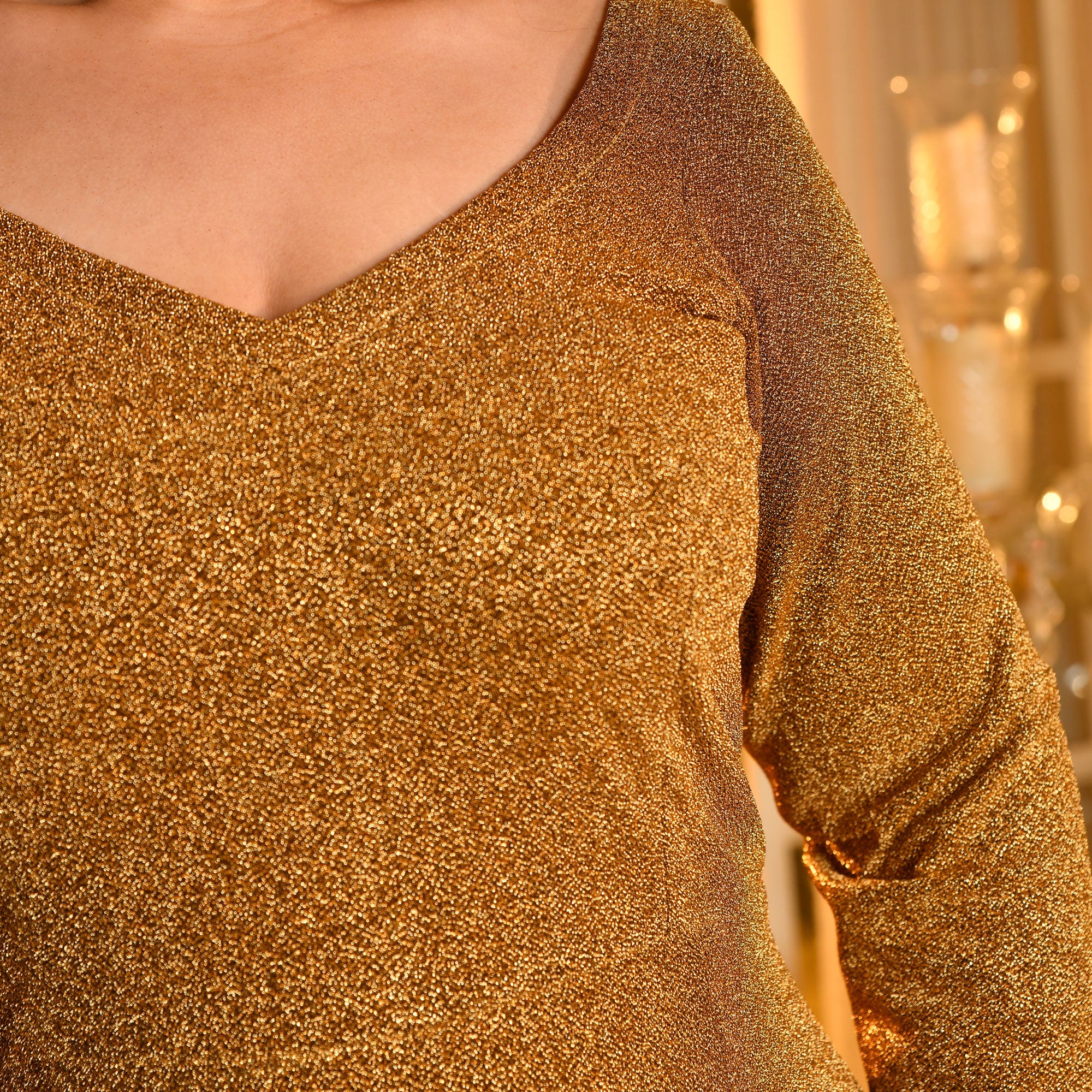 Bonfire Ball - Gold shimmer stretchable Aline dress 