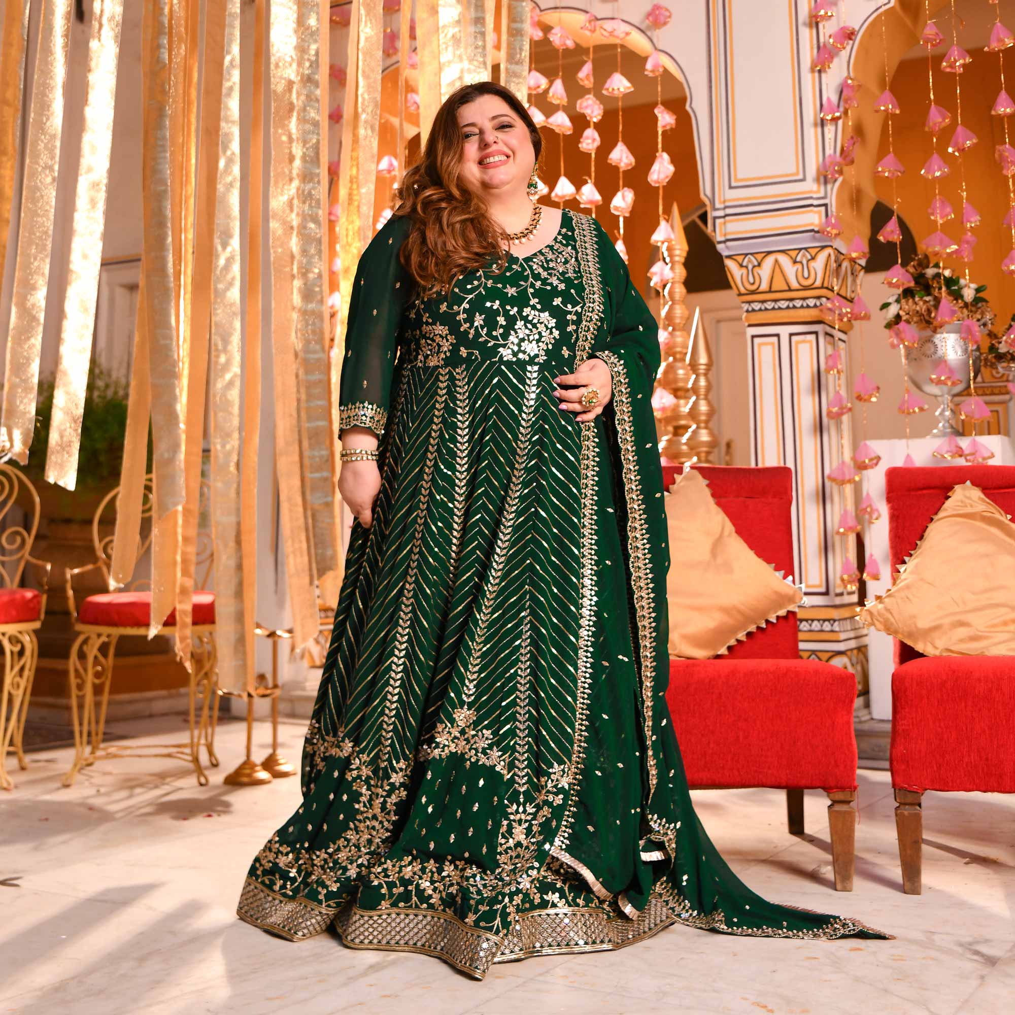 Shimmering Emerald Sequin Embroidered Georgette Anarkali Set