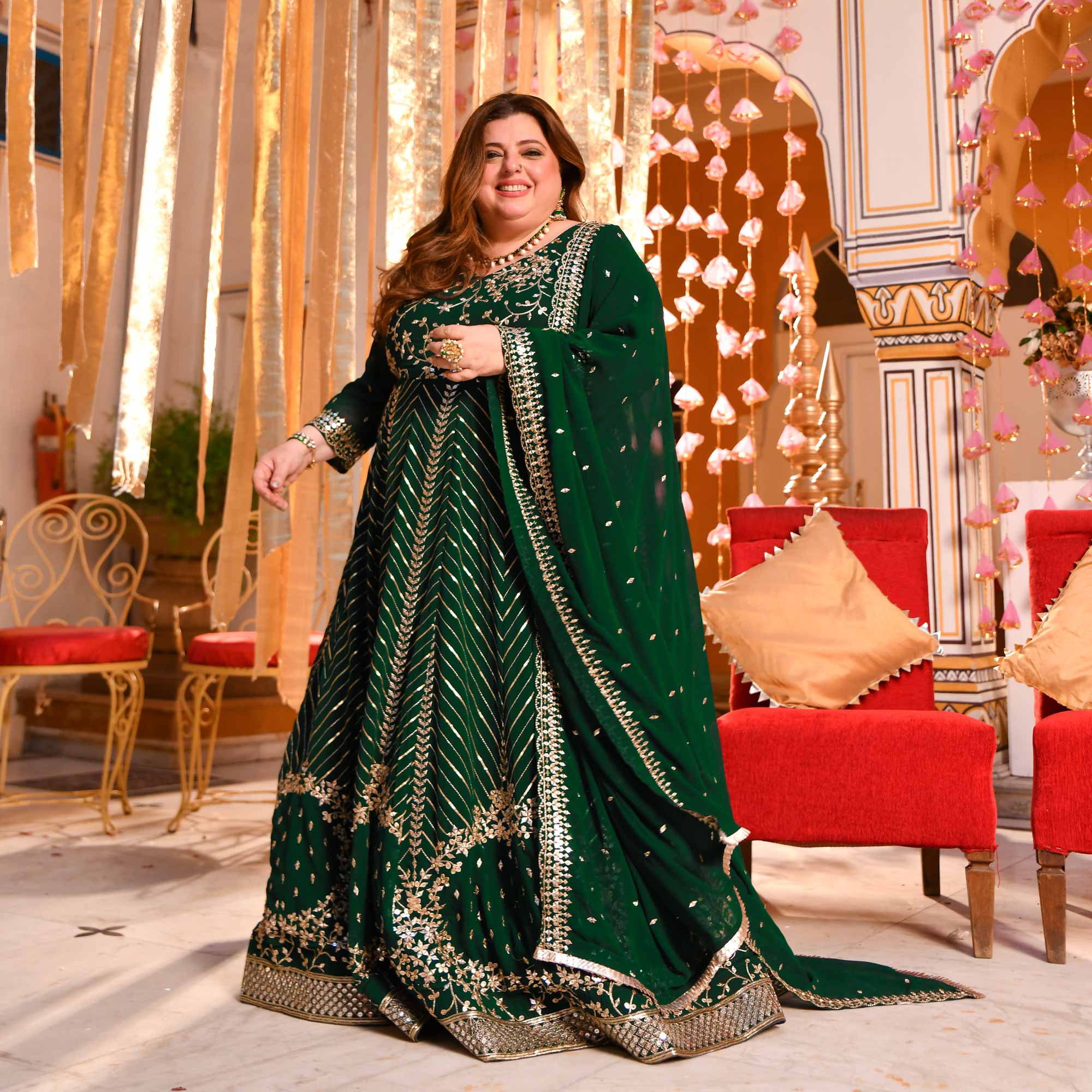 Shimmering Emerald Sequin Embroidered Georgette Anarkali Set