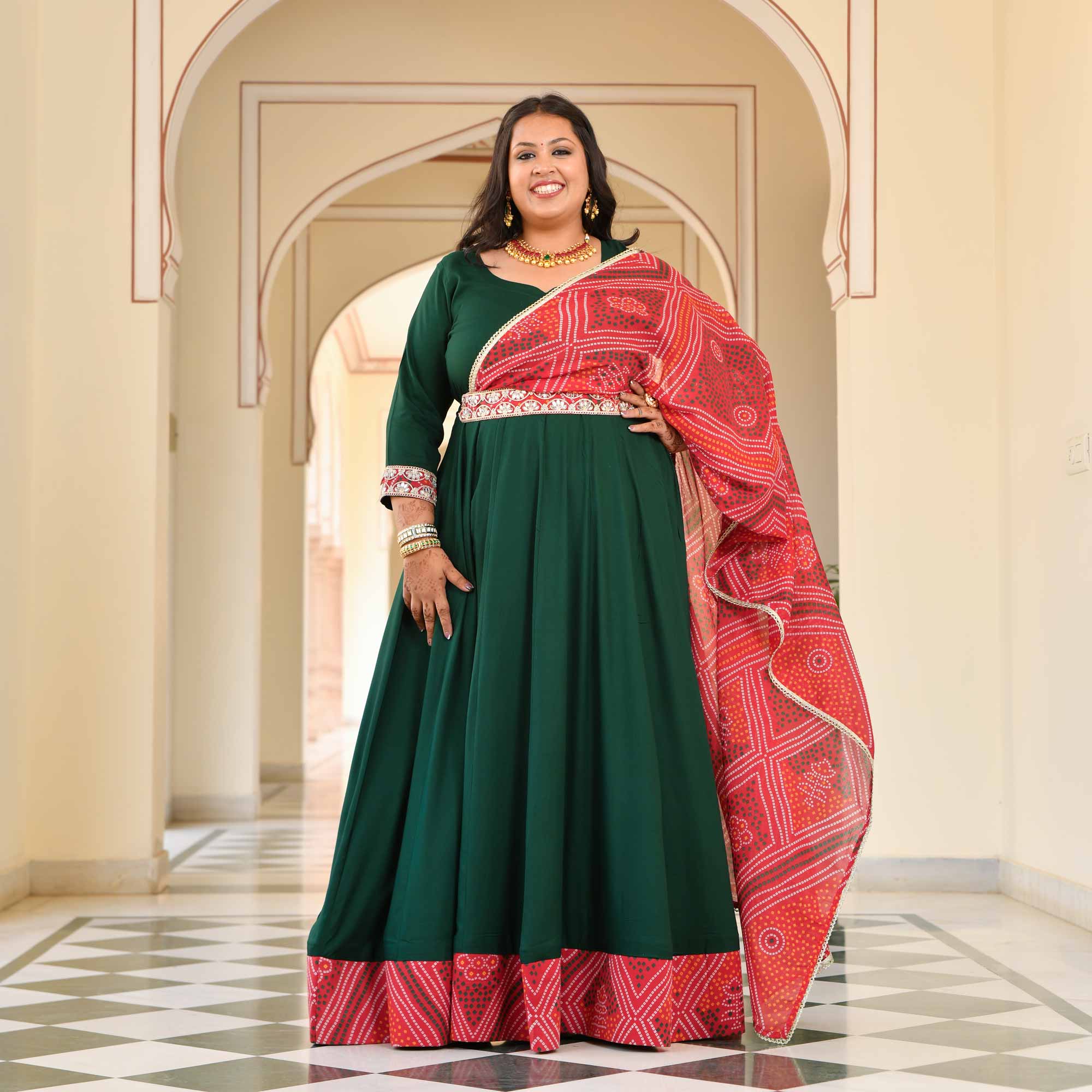 Morpankh Green Anarkali with Bandhani Belt Drape