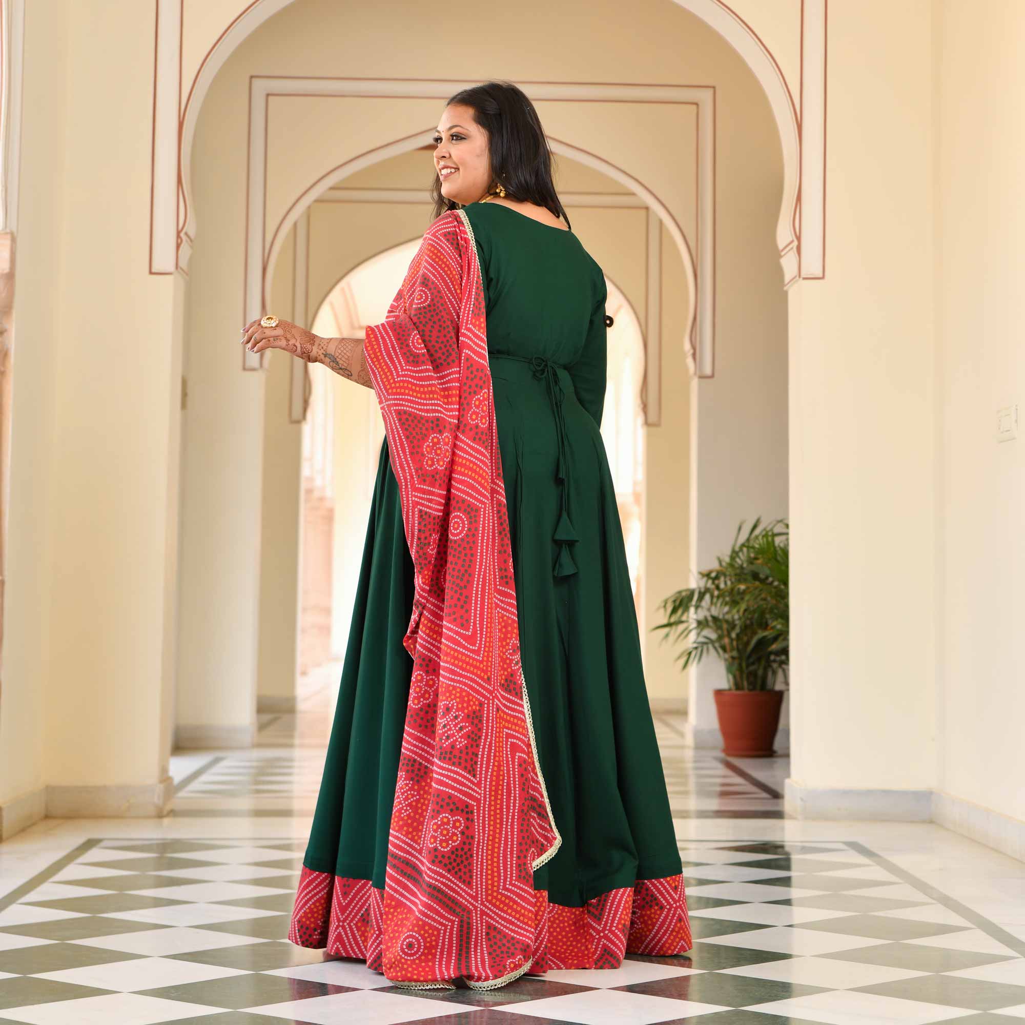 Morpankh Green Anarkali with Bandhani Belt Drape