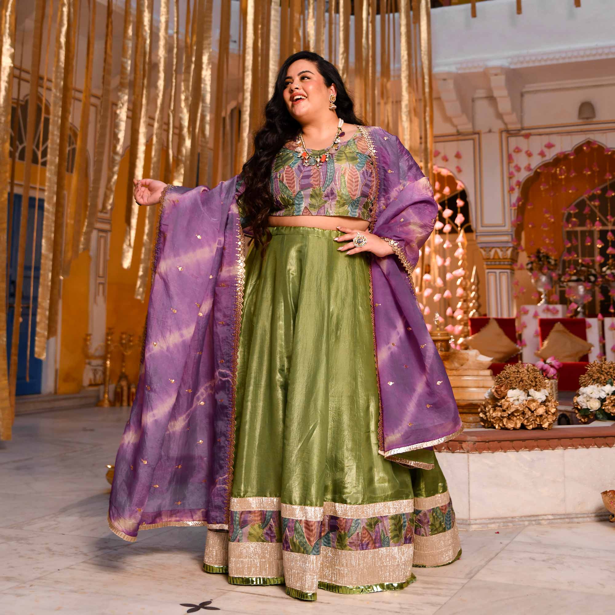 Noble Aura- Green & Purple Position Print Tissue Silk Lehenga Set