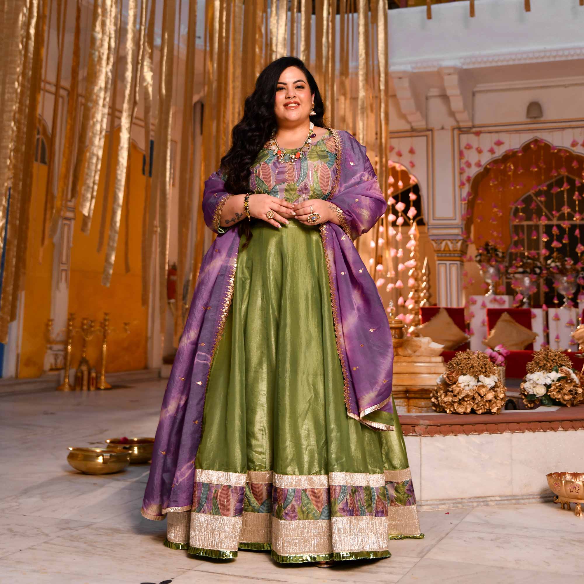 Noble Aura- Green & Purple Position Print Tissue Silk Lehenga Set