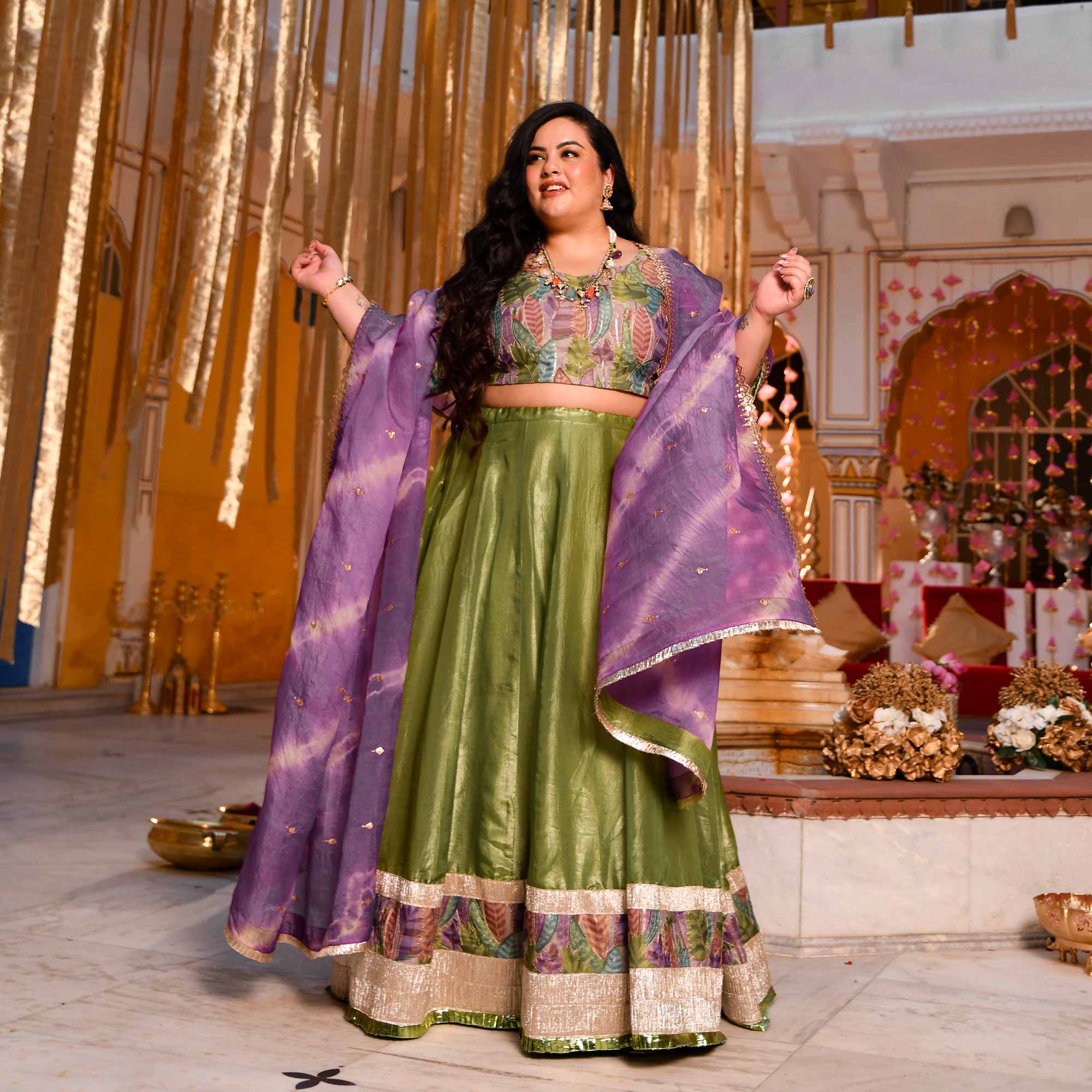 Noble Aura- Green & Purple Position Print Tissue Silk Lehenga Set