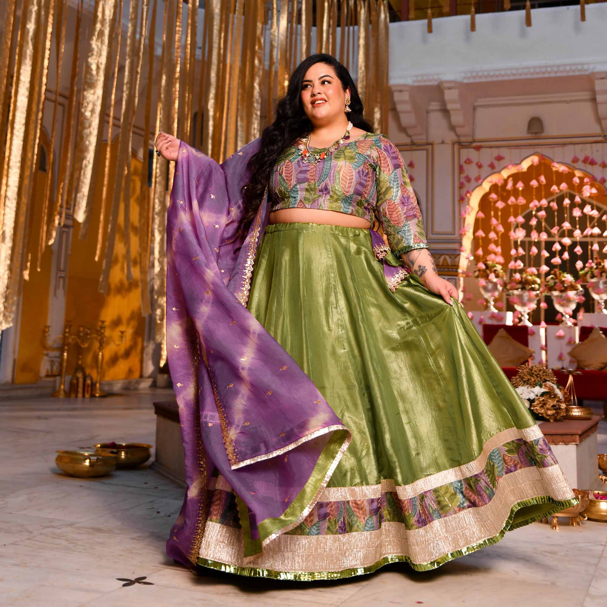 Noble Aura- Green & Purple Position Print Tissue Silk Lehenga Set