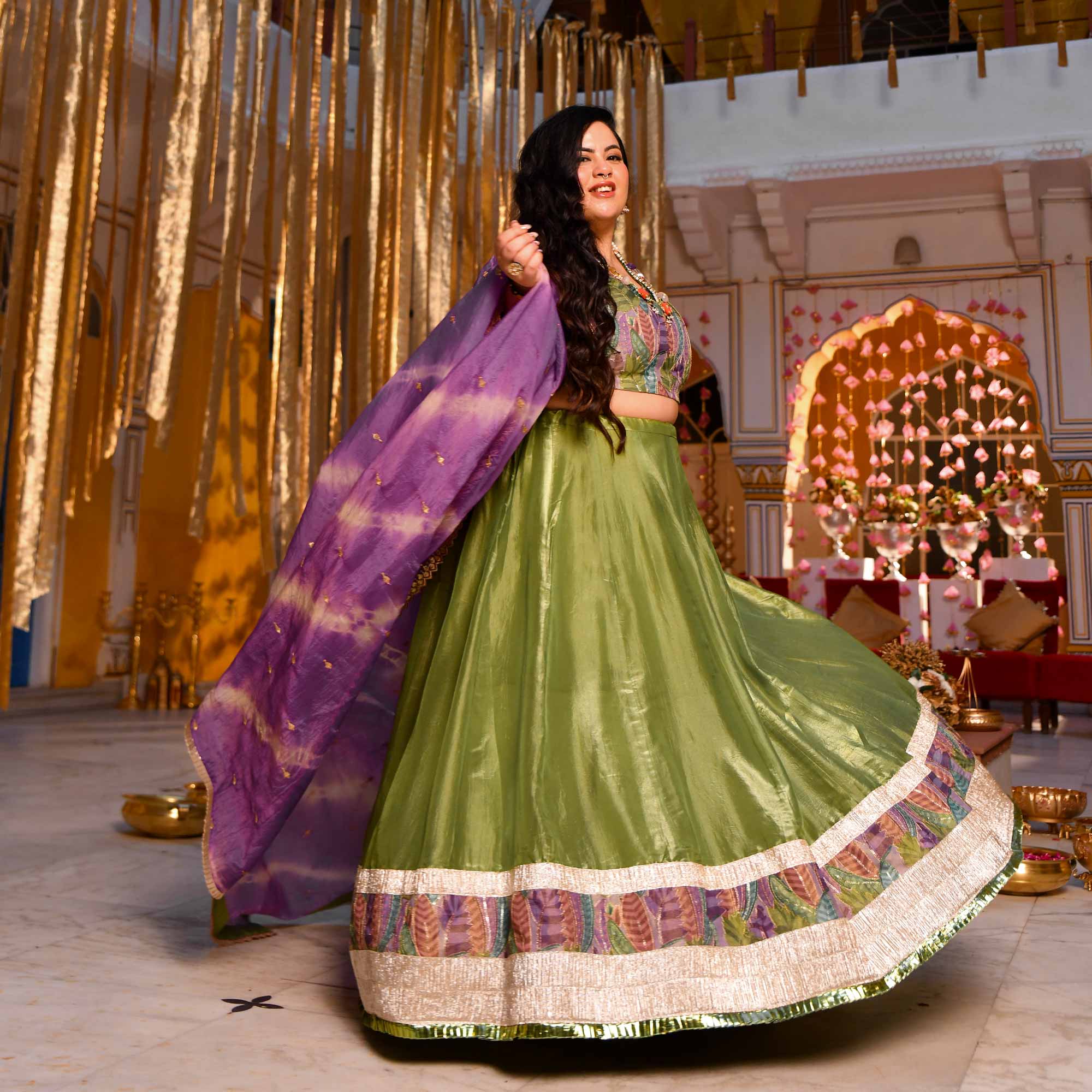 Noble Aura- Green & Purple Position Print Tissue Silk Lehenga Set