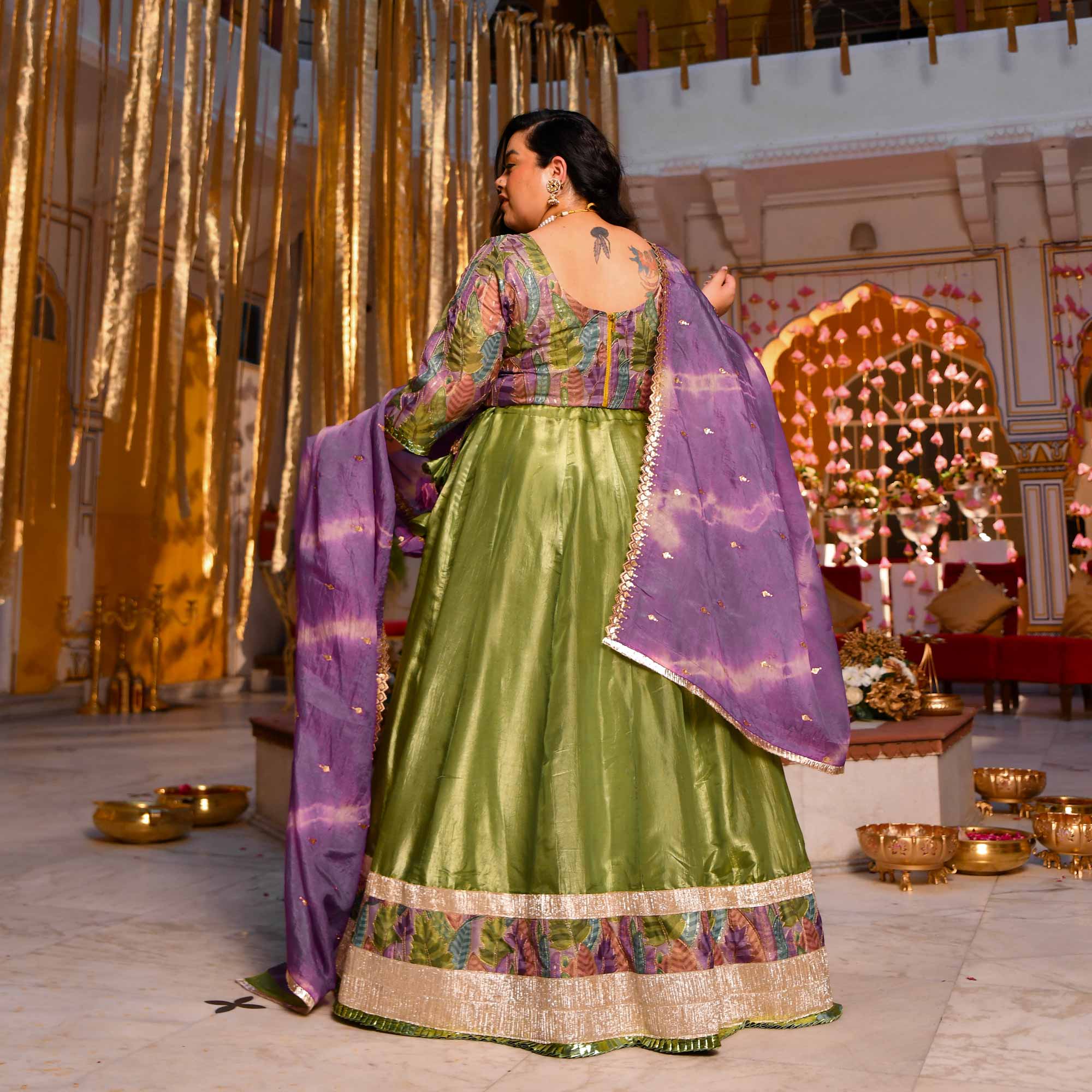 Noble Aura- Green & Purple Position Print Tissue Silk Lehenga Set