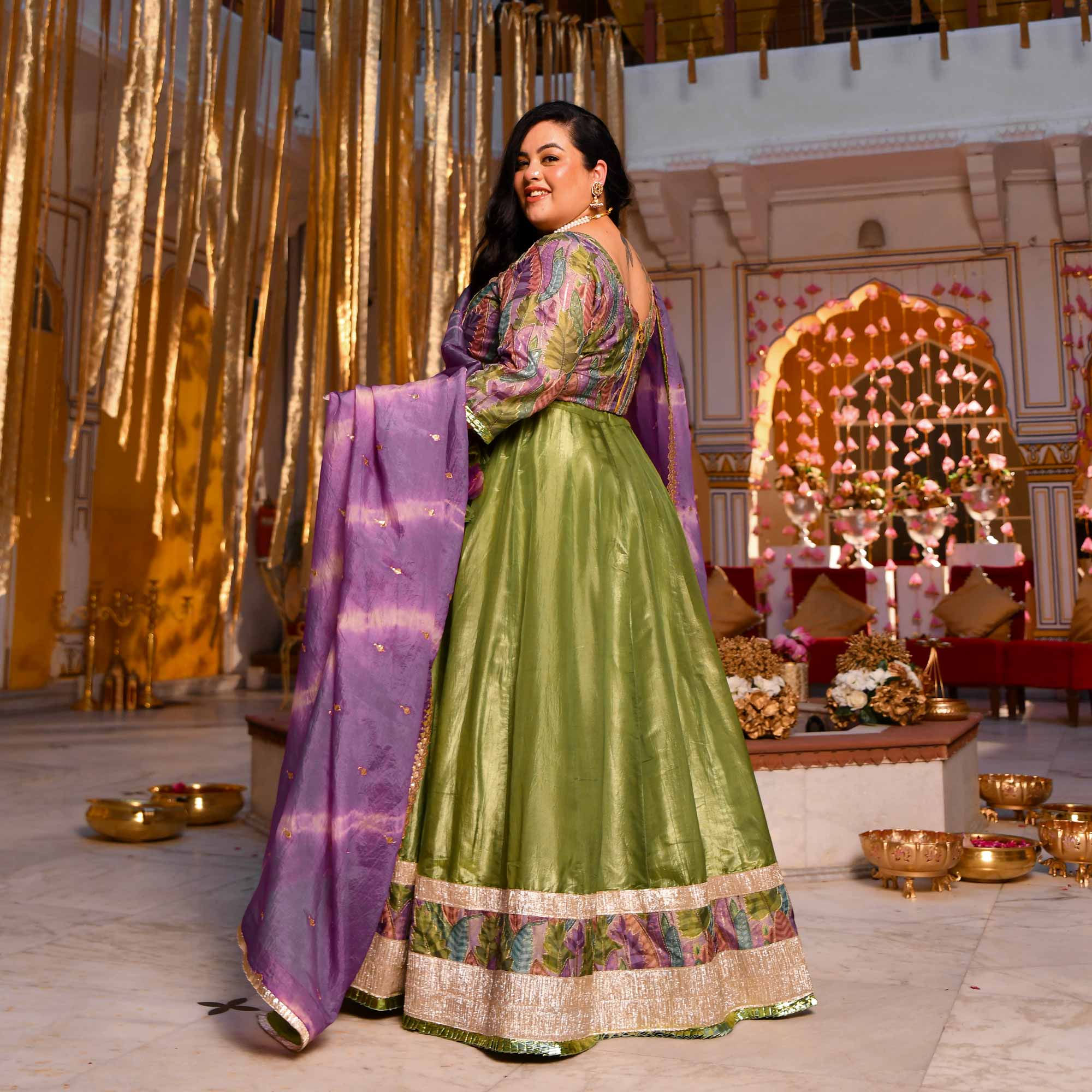 Noble Aura- Green & Purple Position Print Tissue Silk Lehenga Set