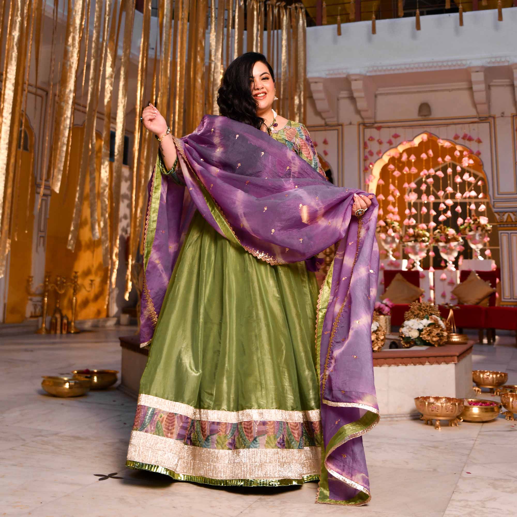 Noble Aura- Green & Purple Position Print Tissue Silk Lehenga Set