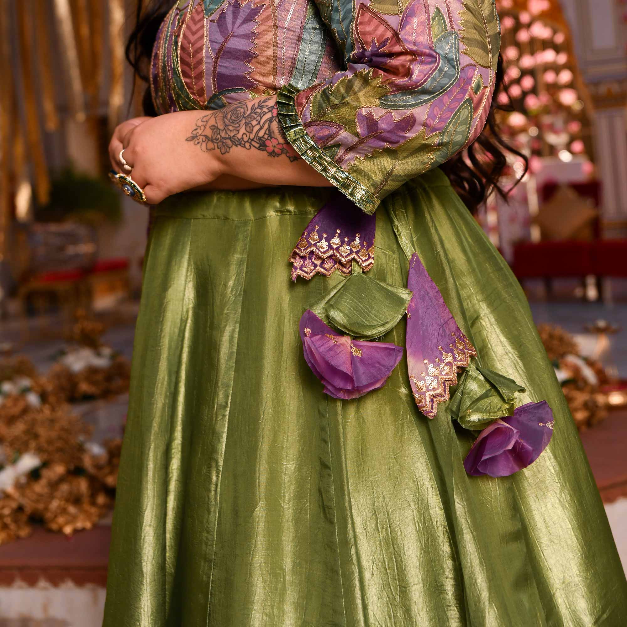 Noble Aura- Green & Purple Position Print Tissue Silk Lehenga Set