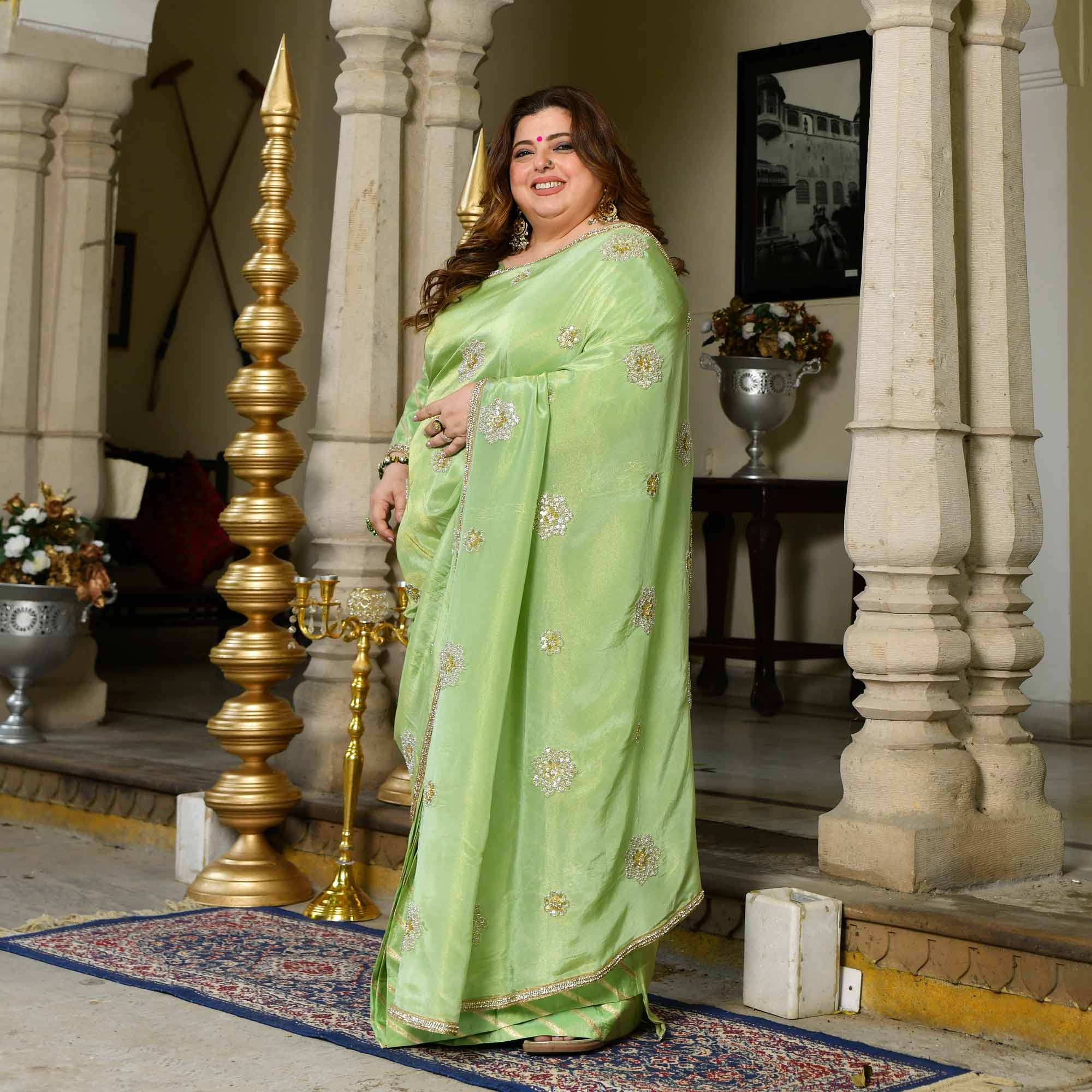 Celestial Pistachio Green Pure Tissue Silk Embroidered Pre-Drape Saree