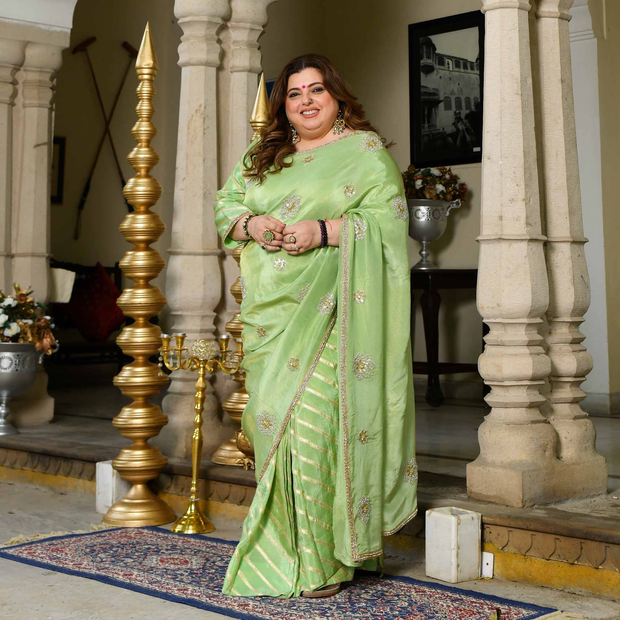 Celestial Pistachio Green Pure Tissue Silk Embroidered Pre-Drape Saree