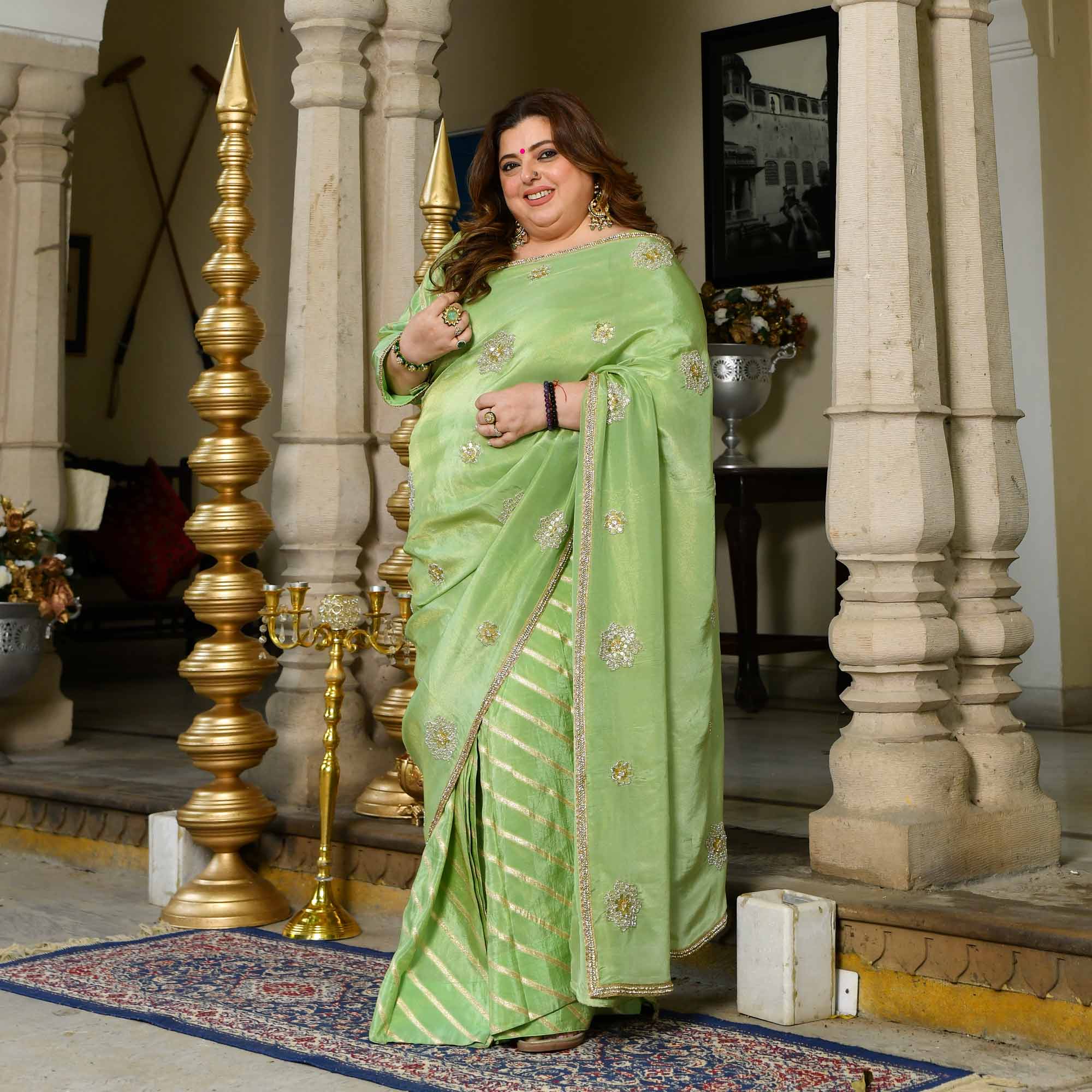 Celestial Pistachio Green Pure Tissue Silk Embroidered Pre-Drape Saree