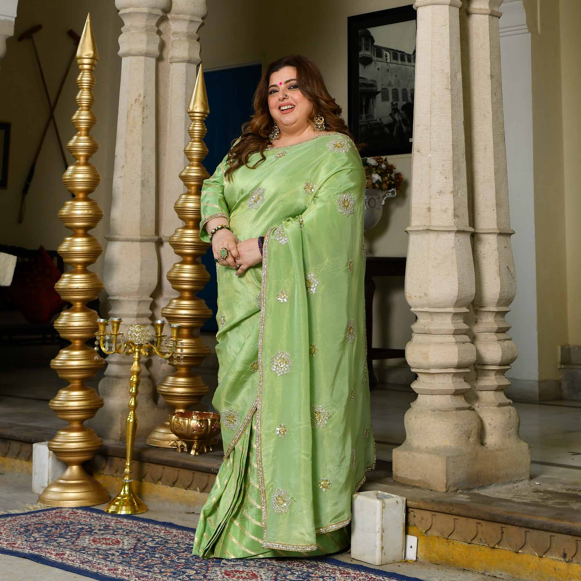 Celestial Pistachio Green Pure Tissue Silk Embroidered Pre-Drape Saree