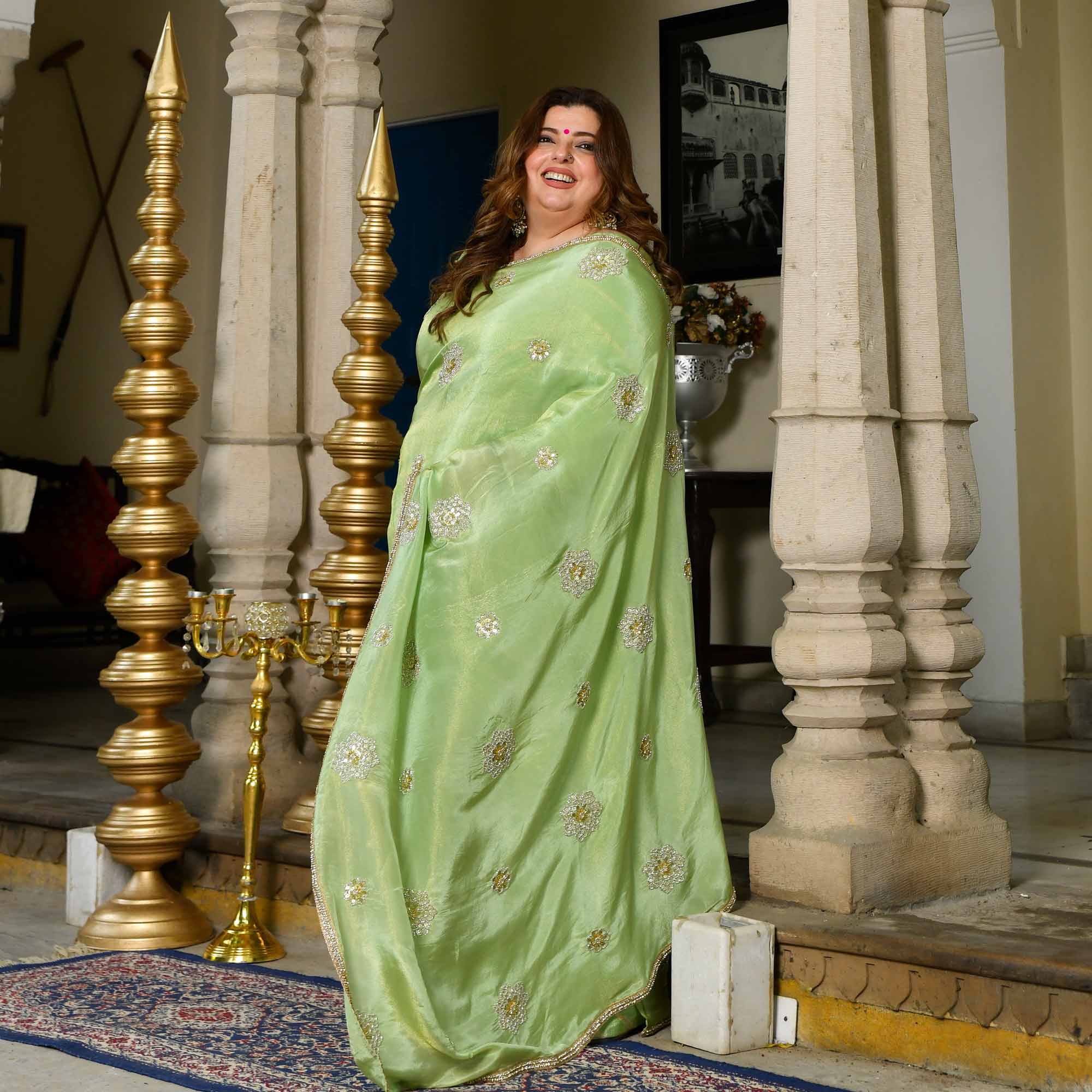 Celestial Pistachio Green Pure Tissue Silk Embroidered Pre-Drape Saree