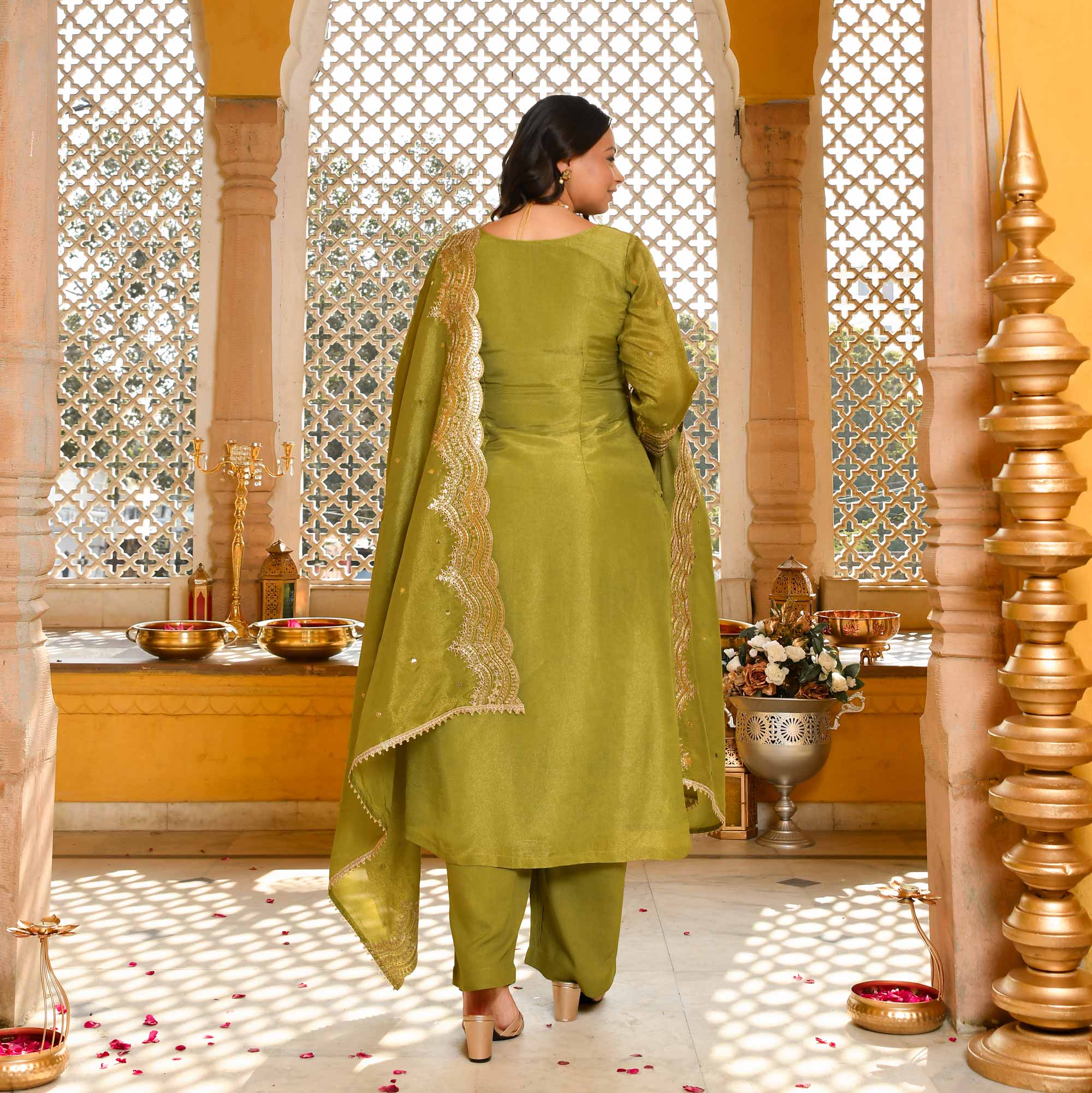 Lush Lime - Green Pure Tissue Silk Embroidered Suit Set