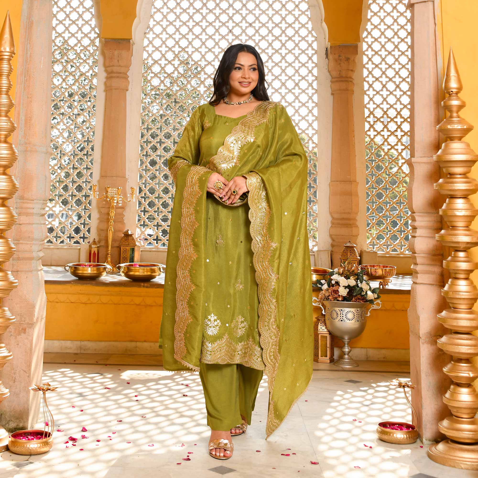 Lush Lime - Green Pure Tissue Silk Embroidered Suit Set