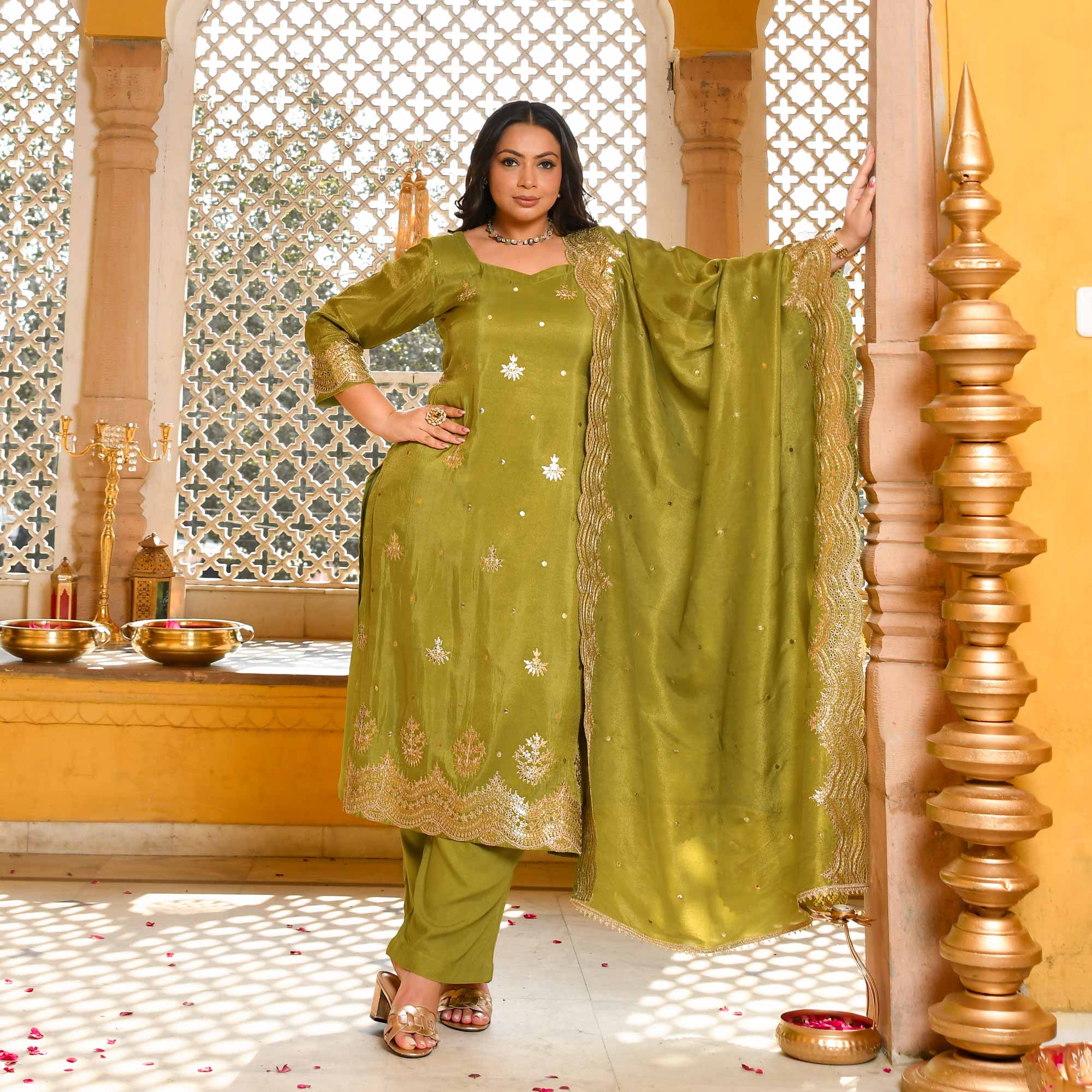 Lush Lime - Green Pure Tissue Silk Embroidered Suit Set