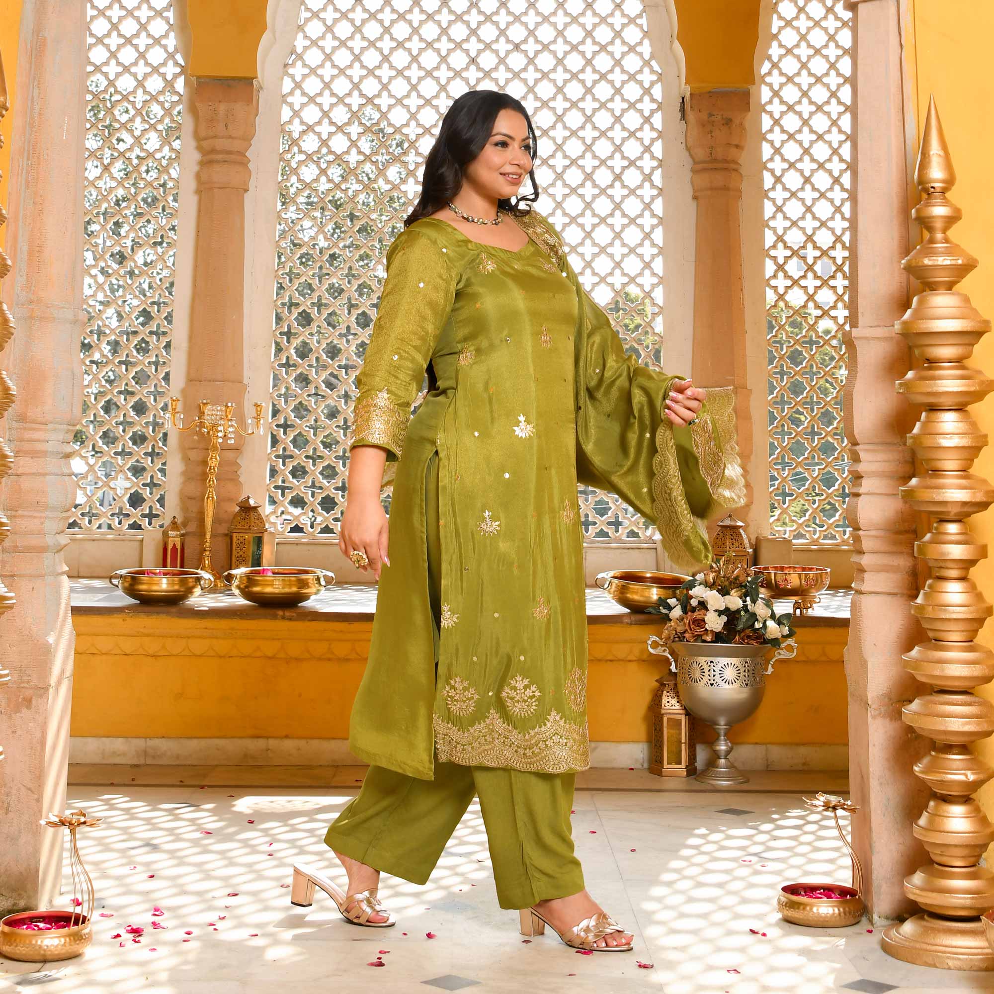 Lush Lime - Green Pure Tissue Silk Embroidered Suit Set