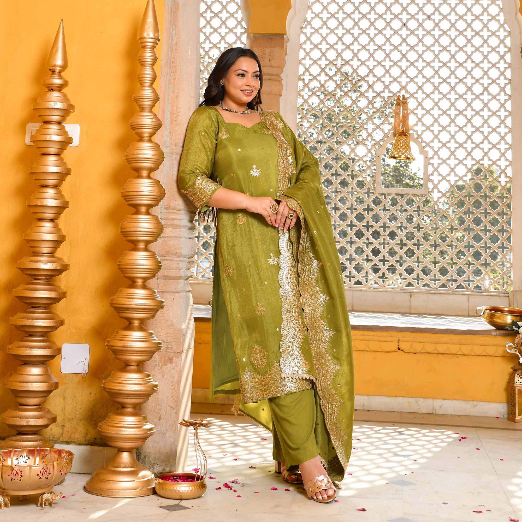 Lush Lime - Green Pure Tissue Silk Embroidered Suit Set