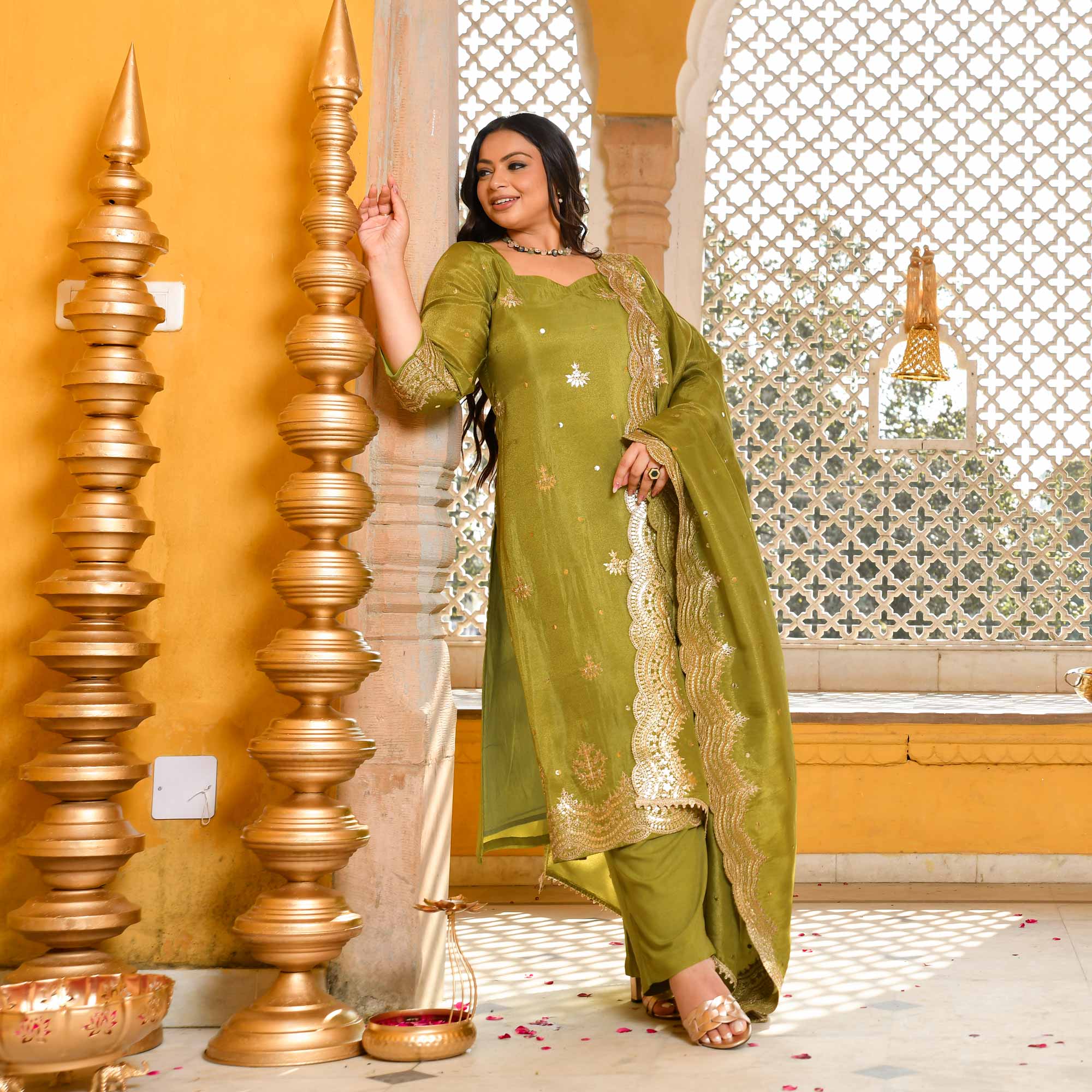 Lush Lime - Green Pure Tissue Silk Embroidered Suit Set