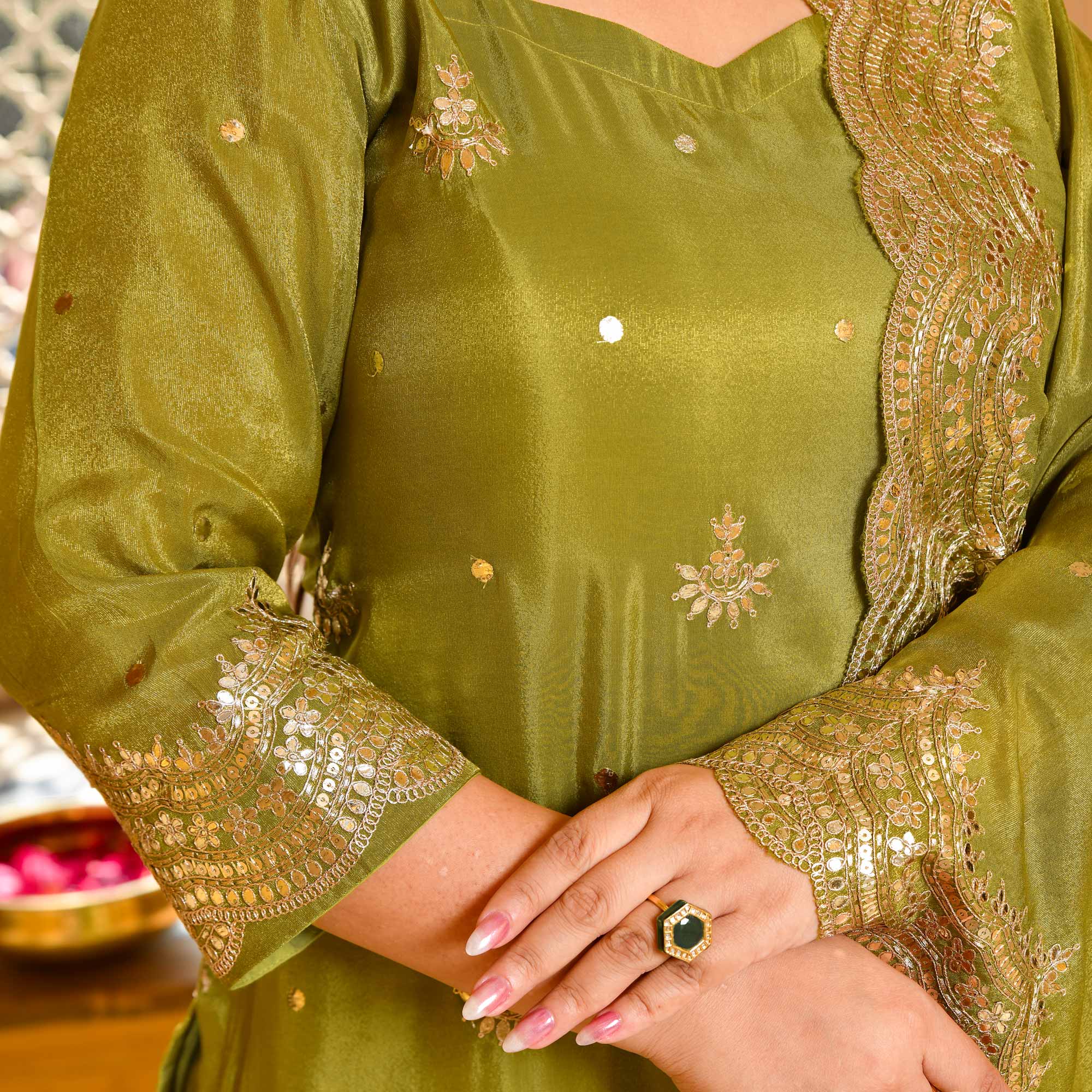 Lush Lime - Green Pure Tissue Silk Embroidered Suit Set