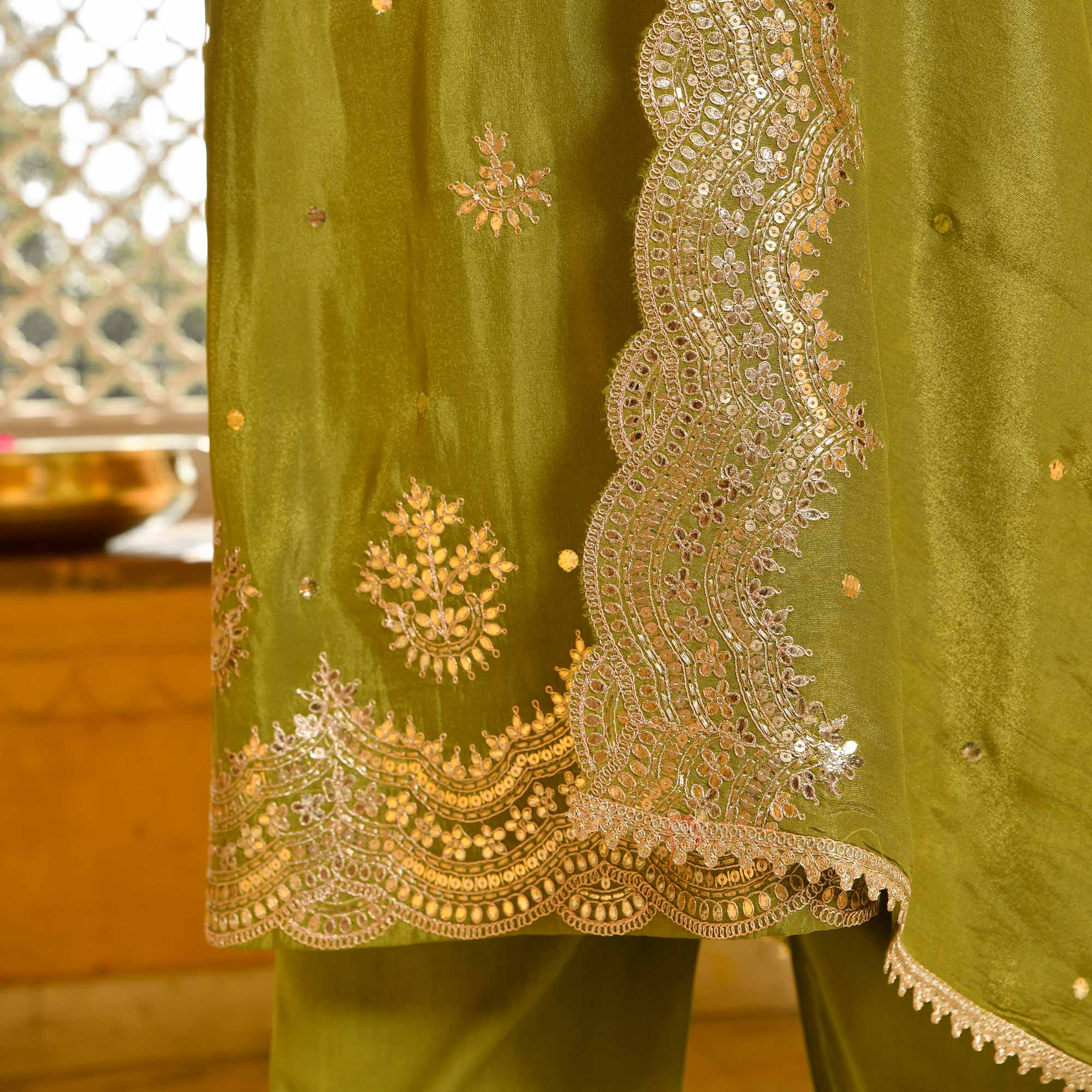 Lush Lime - Green Pure Tissue Silk Embroidered Suit Set