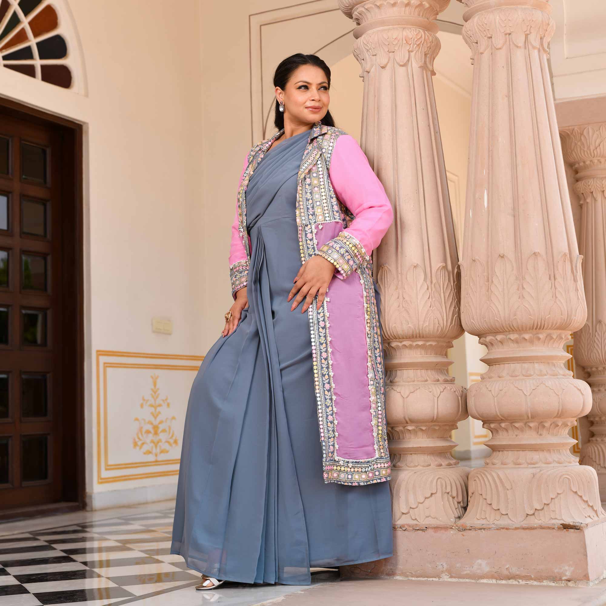 Grey Drape Saree Dress Pink Blazer Modern Fusion Meera s