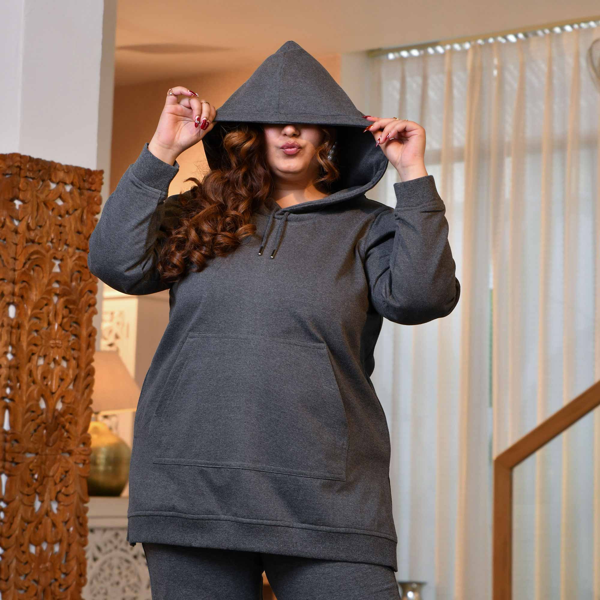 Steel Grey Woollen Fleece Pullover Hoodie Co-ord Set