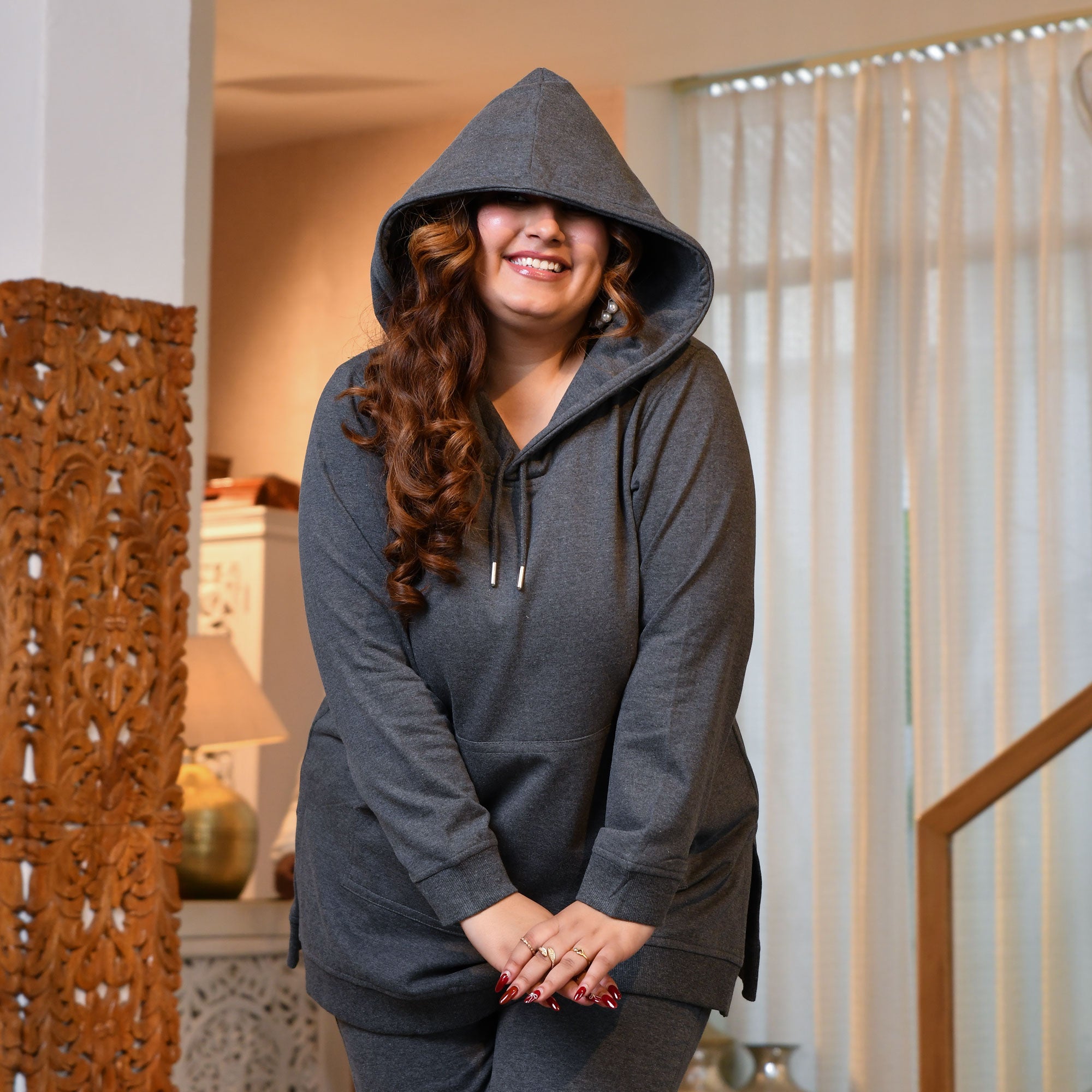 Steel Grey woollen fleece pullover hoodie with side slits