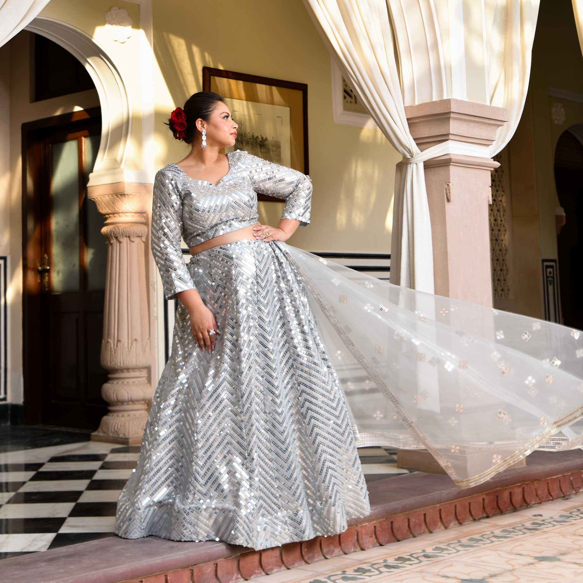 Shop Teen Girls Grey Sequins Embroidered Organza Lehenga Set Wedding Wear  Online at Best Price | Cbazaar