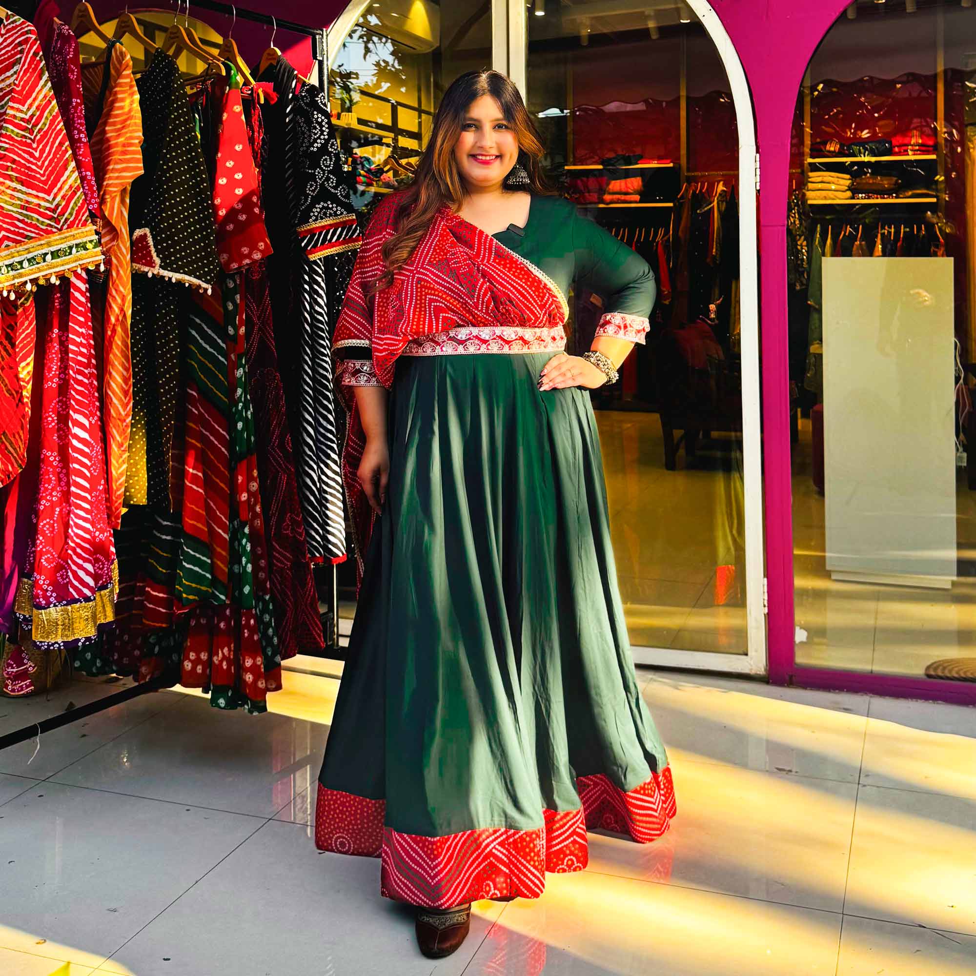 Morpankh Green Anarkali with Bandhani Belt Drape