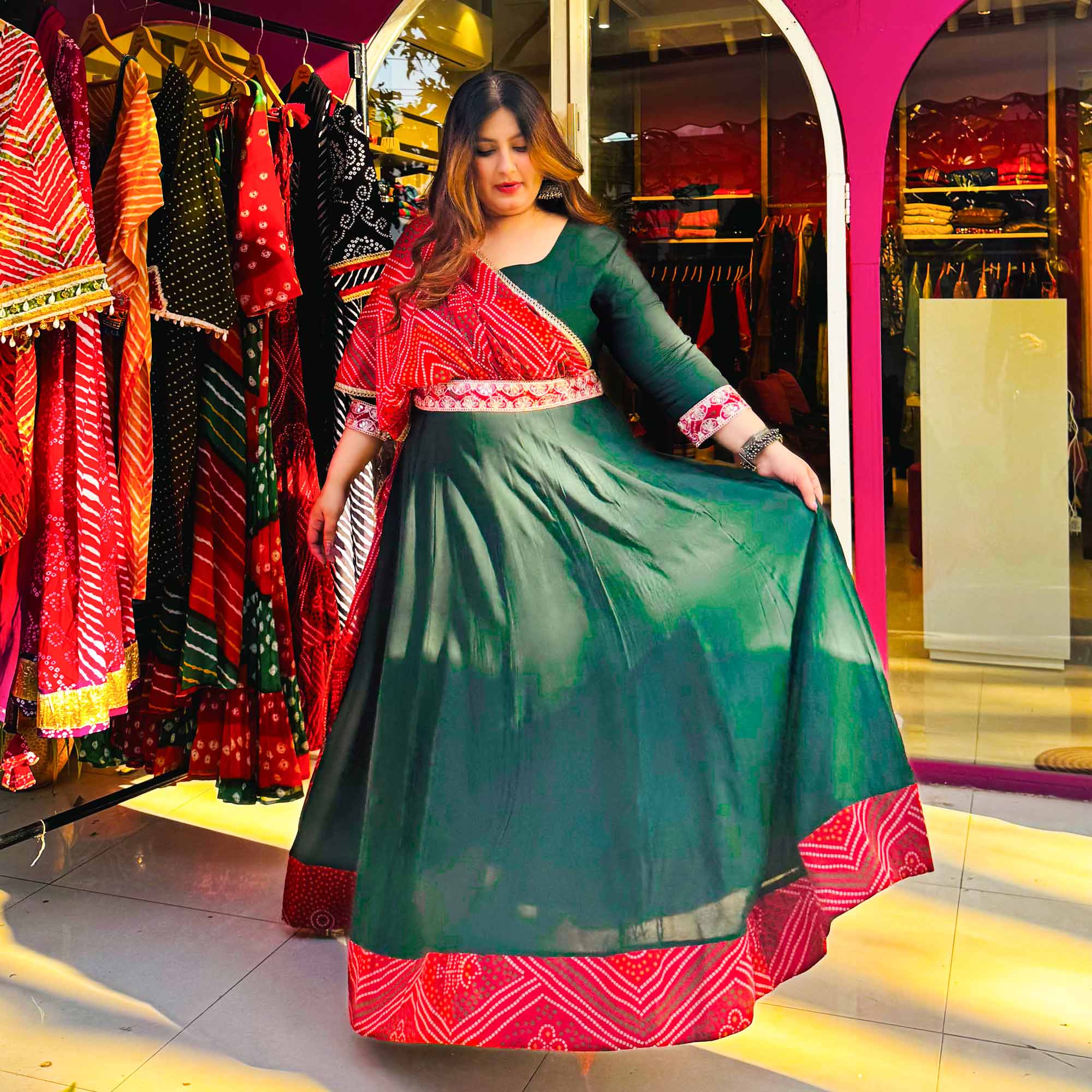 Morpankh Green Anarkali with Bandhani Belt Drape