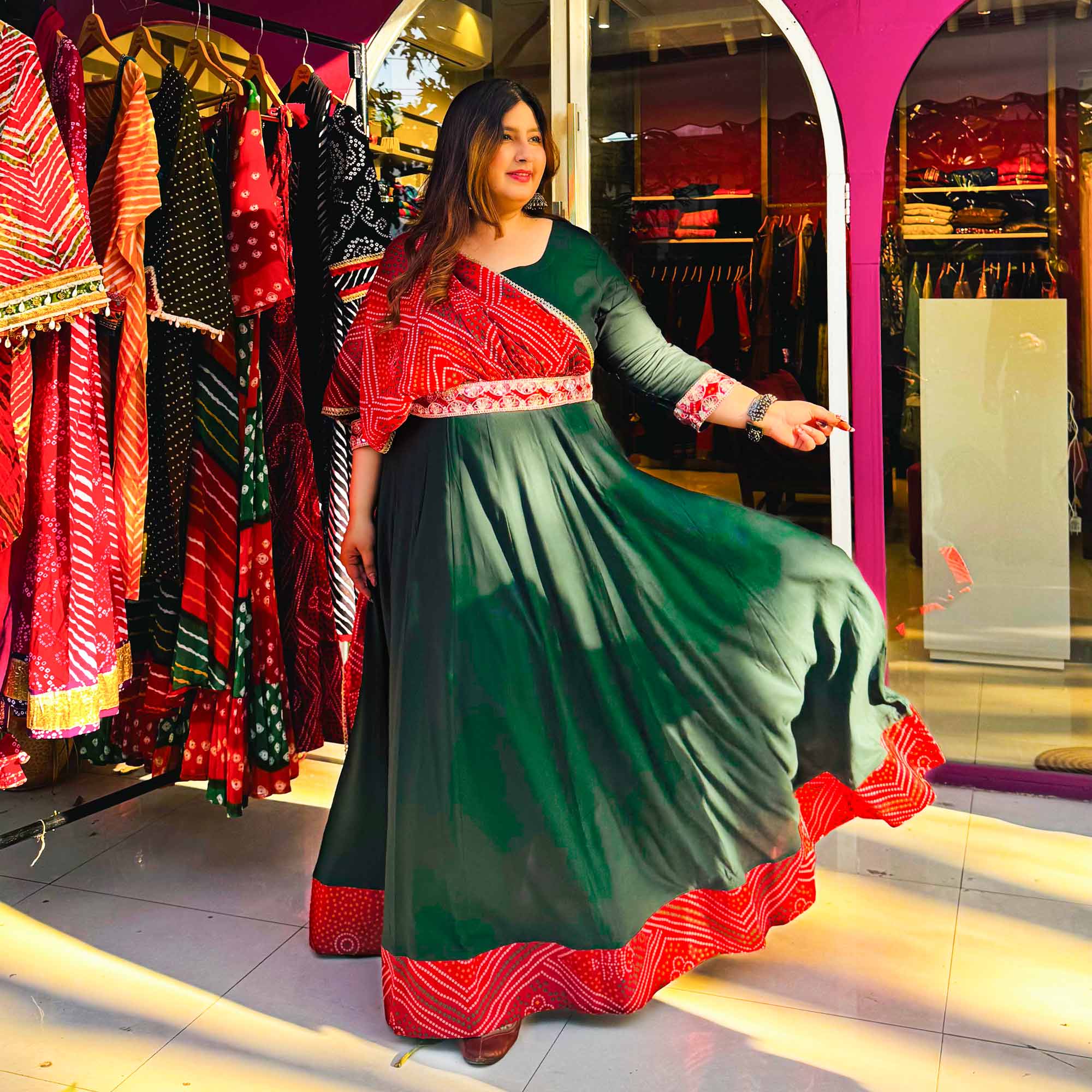 Morpankh Green Anarkali with Bandhani Belt Drape