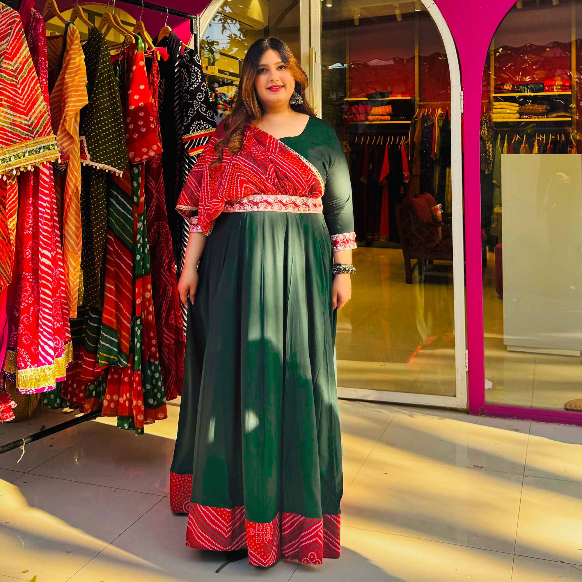 Morpankh Green Anarkali with Bandhani Belt Drape