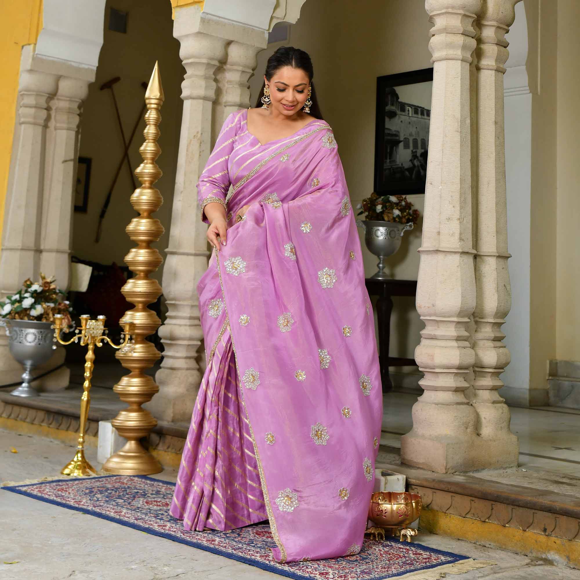 Dewy Orchid Purple Pure Tissue Silk Emrboidered Drape Saree